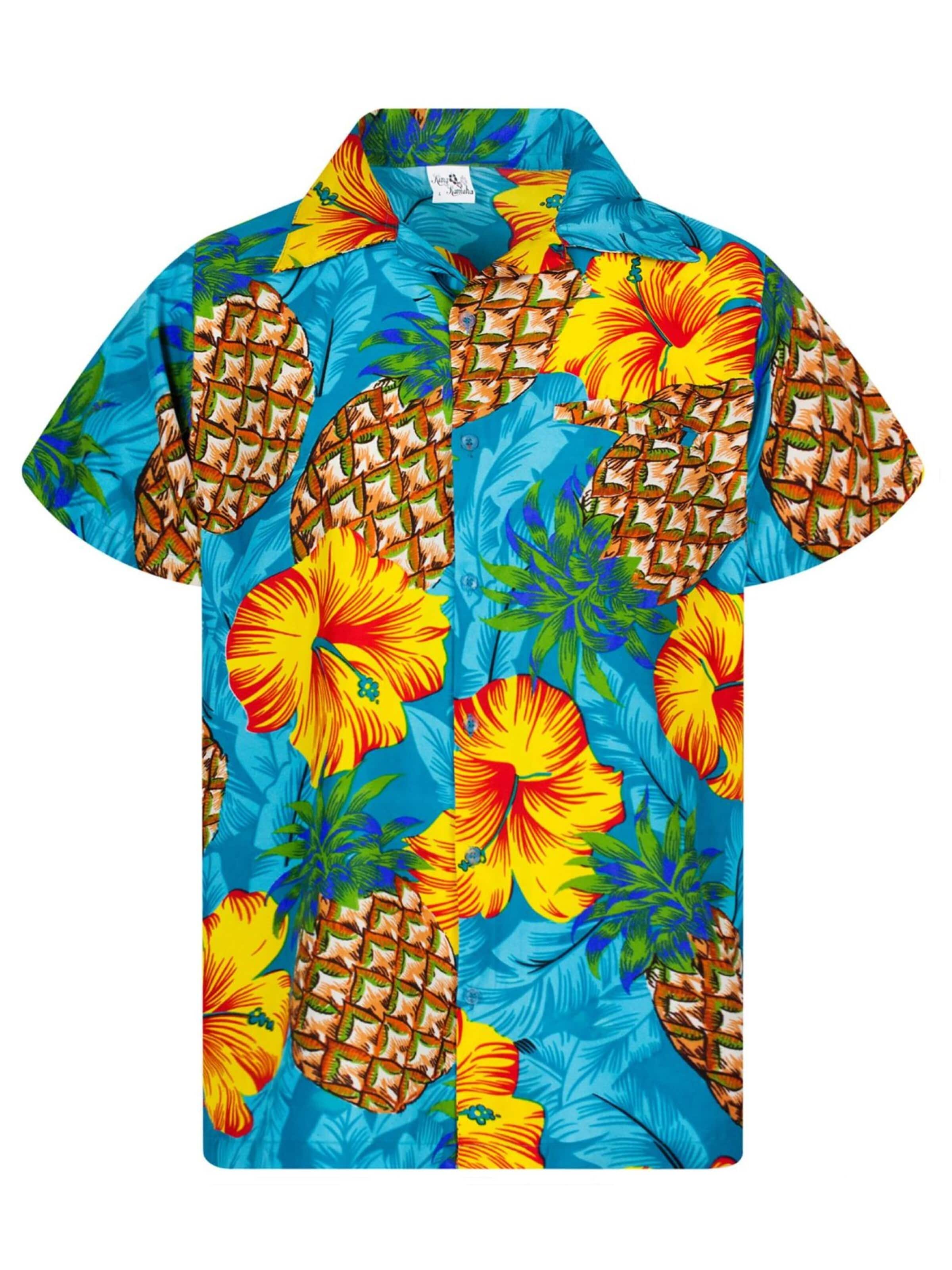 King Kameha Shirt 'Pineapple Hibiscus' in Blau: Vorderseite