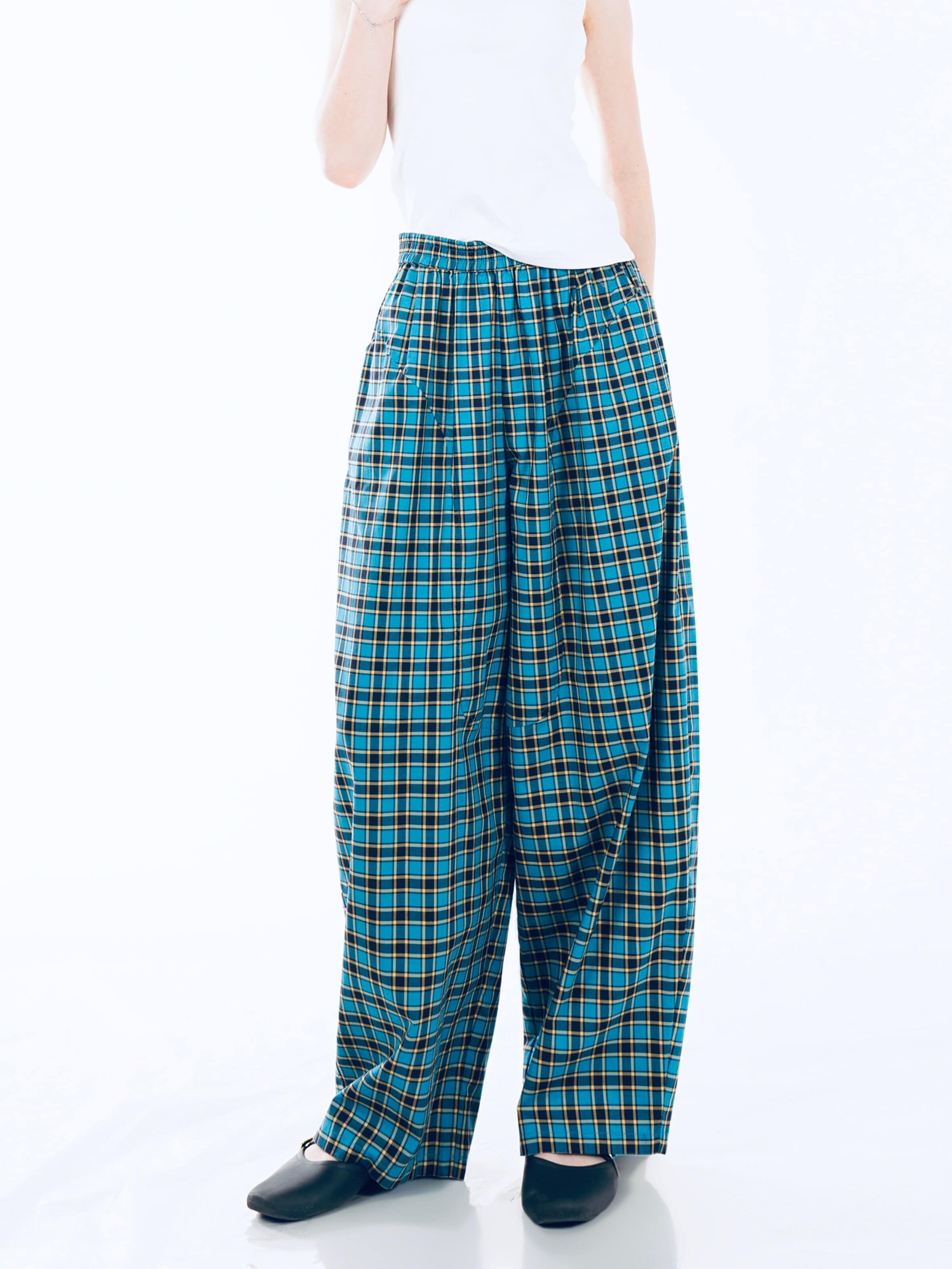 Regular Pantalon 'YOLIGEX Lockere Karohose mit Gummibund' yoligex en bleu