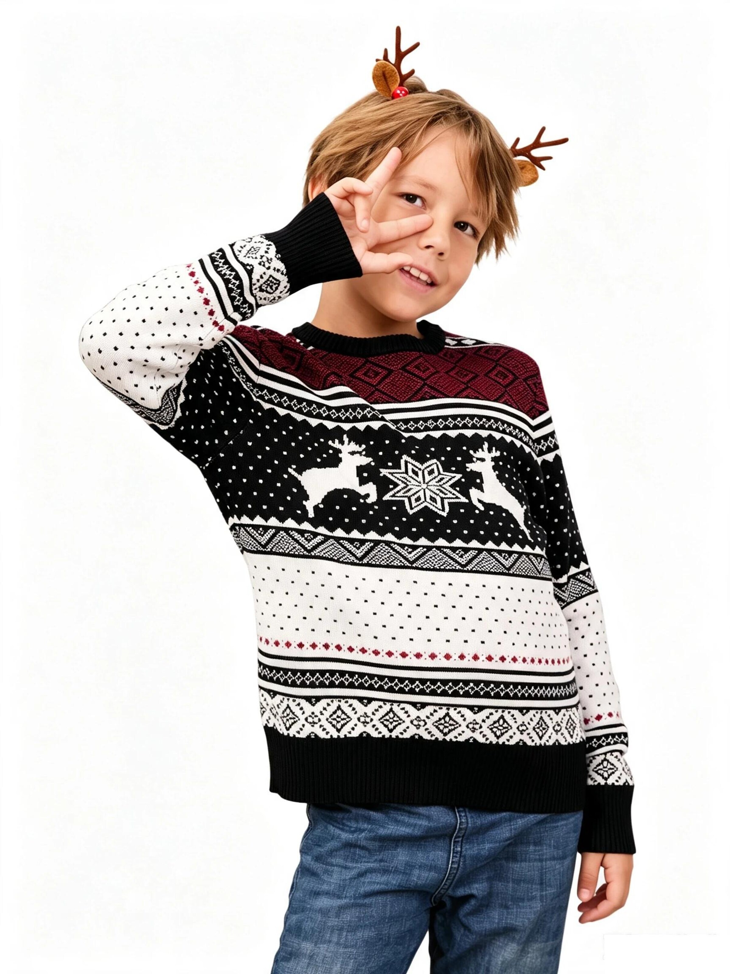 KoJooin Sweater 'Jungen Pullover Weihnachtsmotiv Rentier Schneeflocke Rundhals Langarm Freizeit Strickoberteil' in Black