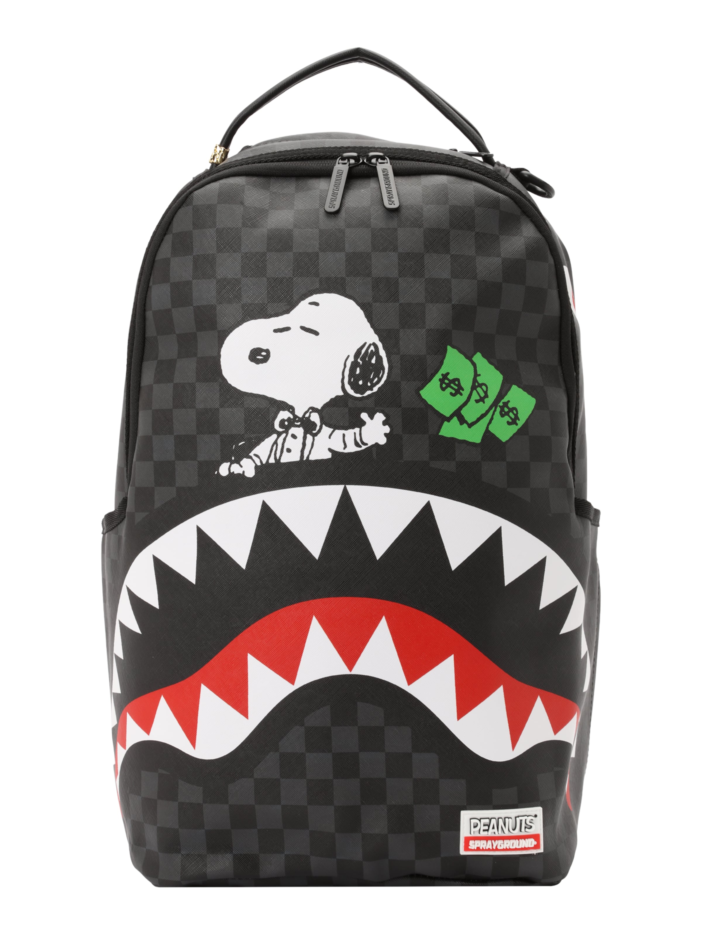 Sprayground Backpack 'Snoopy Top Shark Money' in Black: front