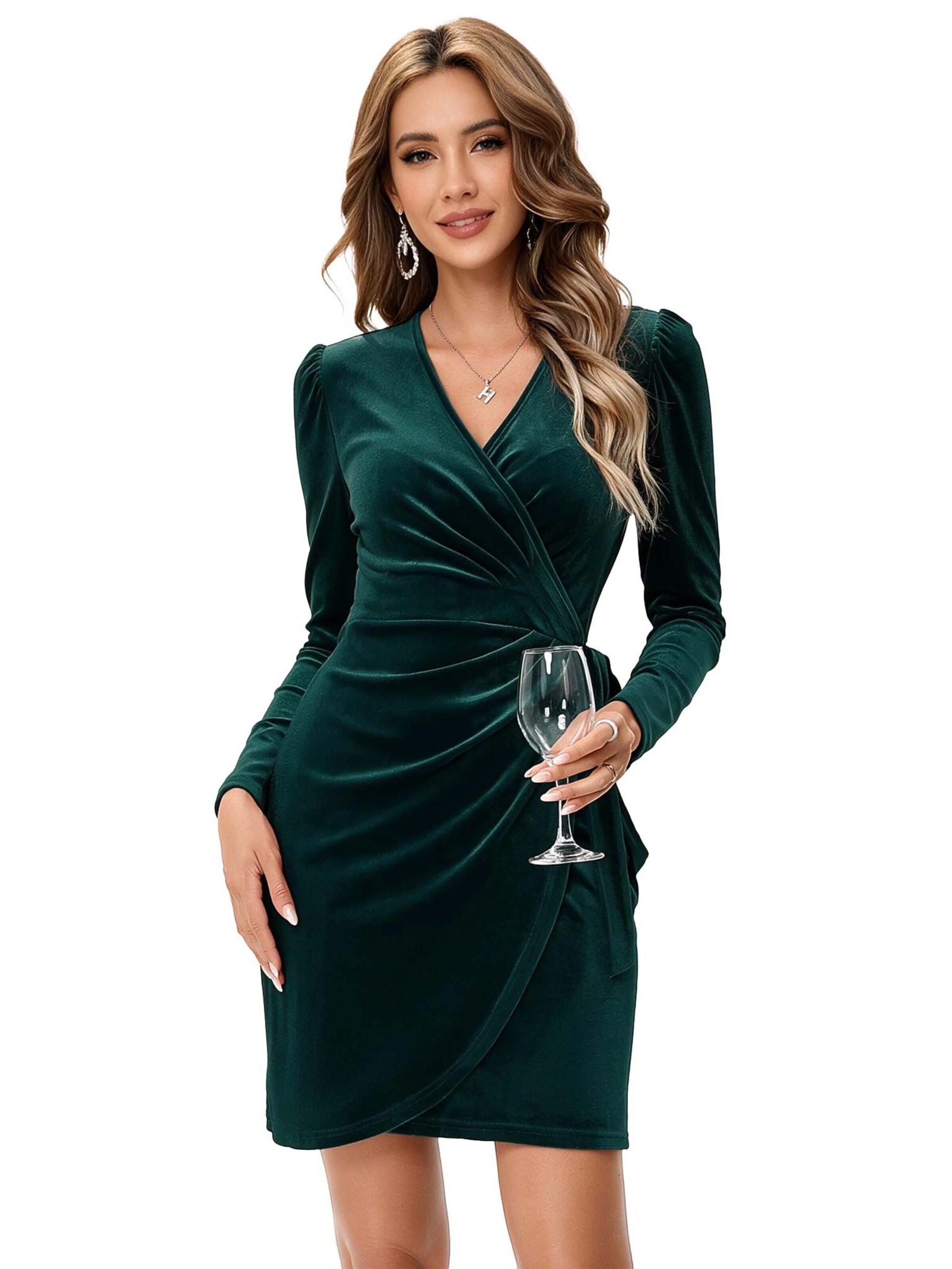 KoJooin Sukienka 'Damen-Samtkleid in Midi-Länge mit V-Ausschnitt, Wickeloptik und langen Ärmeln' w kolorze zielony
