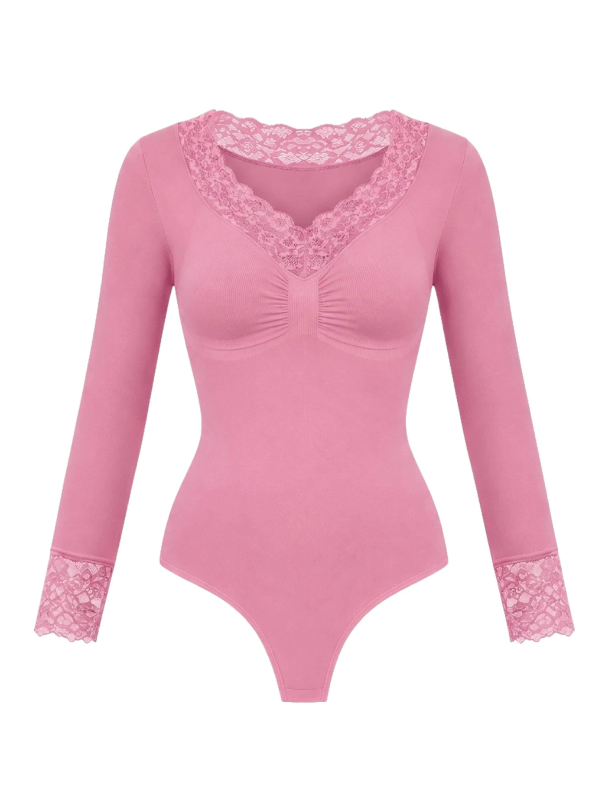 cfab - Body moldeador 'Clean Longsleeve V-Neck with Lace Sculpting Bodysuit with String' en rosa: frente