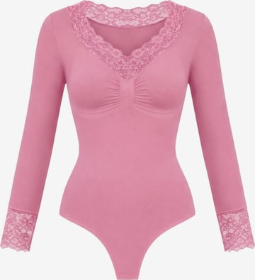 cfab - Body moldeador 'Clean Longsleeve V-Neck with Lace Sculpting Bodysuit with String' en rosa: frente
