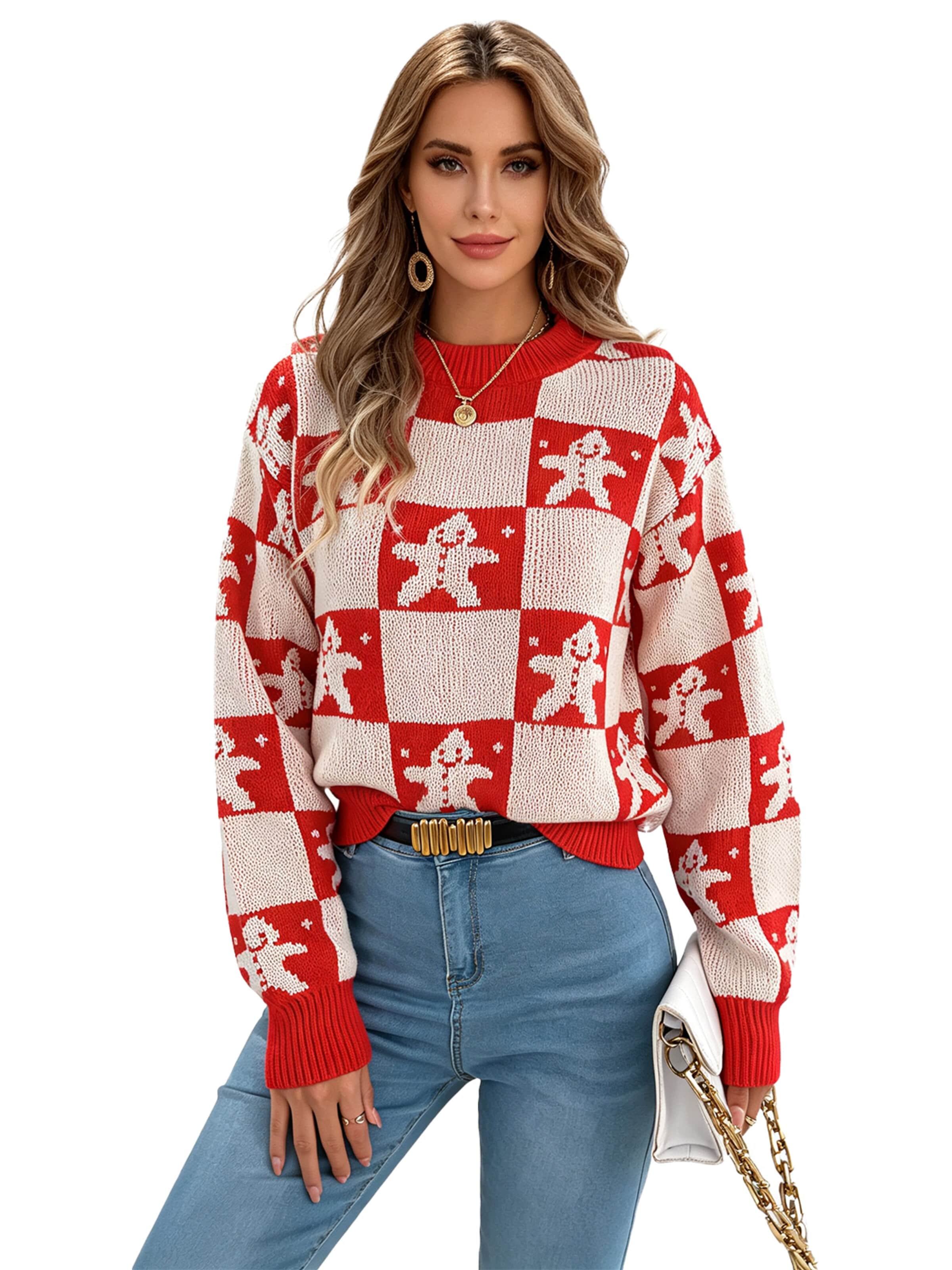 KoJooin Pullover 'Damen Weihnachtspullover mit Rentier- und Karomuster – Gemütlicher Langarm-Pullover mit Puffärmeln' in Rot