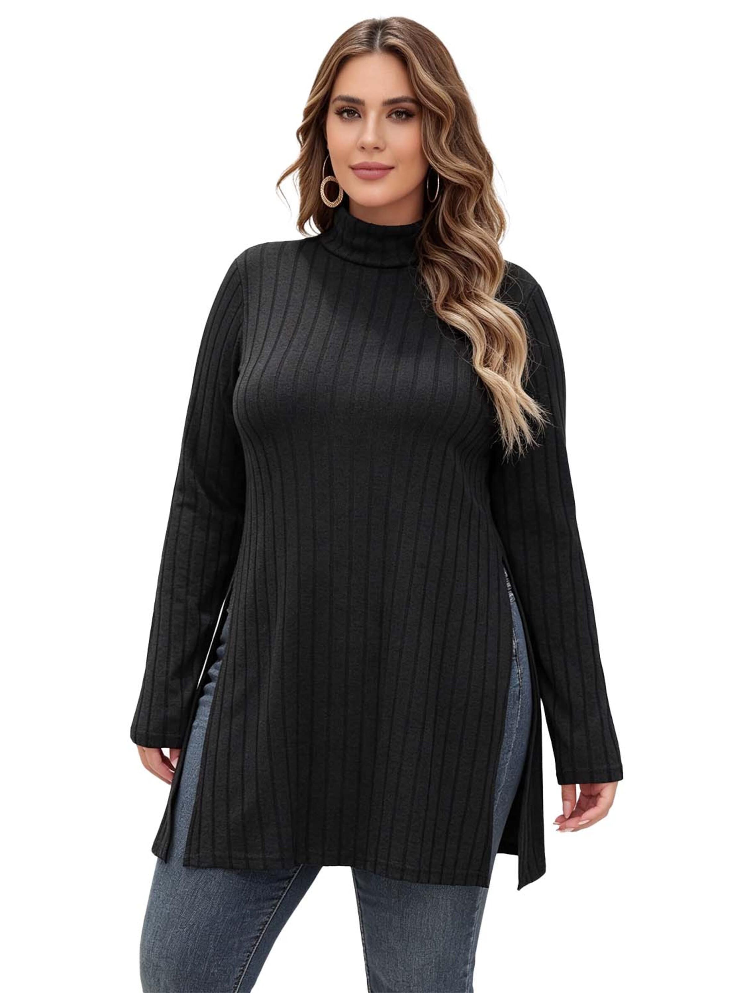 KoJooin Blouse 'Damen Plus Size Tailliertes Longsleeve mit Stehkragen, Rippstruktur und Seitenschlitzen Basic-Shirt' in XXXL in Black, Item view