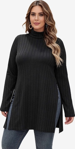 KoJooin Bluzka 'Damen Plus Size Tailliertes Longsleeve mit Stehkragen, Rippstruktur und Seitenschlitzen Basic-Shirt' w kolorze czarny: przód