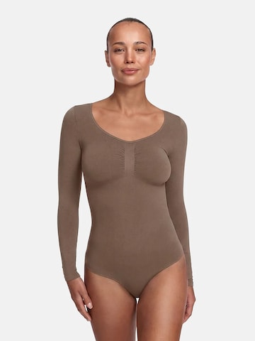 Body modellante 'Bodysuit Sculpting Shapewear Longsleeve mit String' di cfab (formerly creamy fabrics) in marrone: frontale