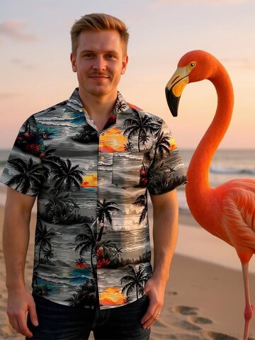 Hawaiihemdshop.de Regular fit Button Up Shirt 'Night on Hawaii' in Grey