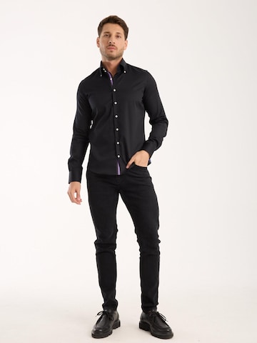 7Camicie Slim fit Zakelijk overhemd 'Roma Iconic Satin Man Shirt Black' in Zwart