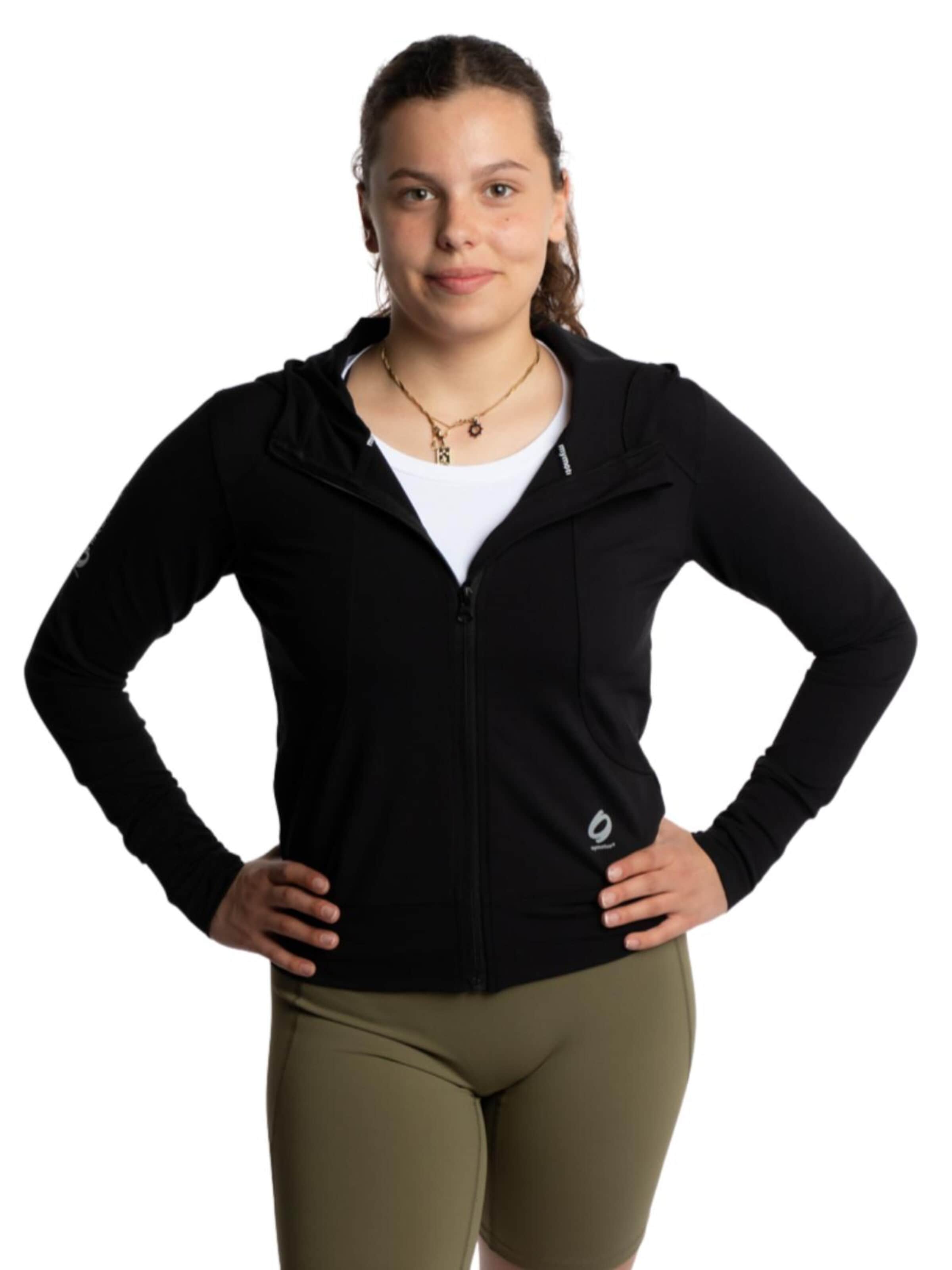 mymotus Sportovní bunda 'Mymotus® Ladies Hood Sport jacket, black, body fitted, short length YW41 NOS' – černá: přední strana