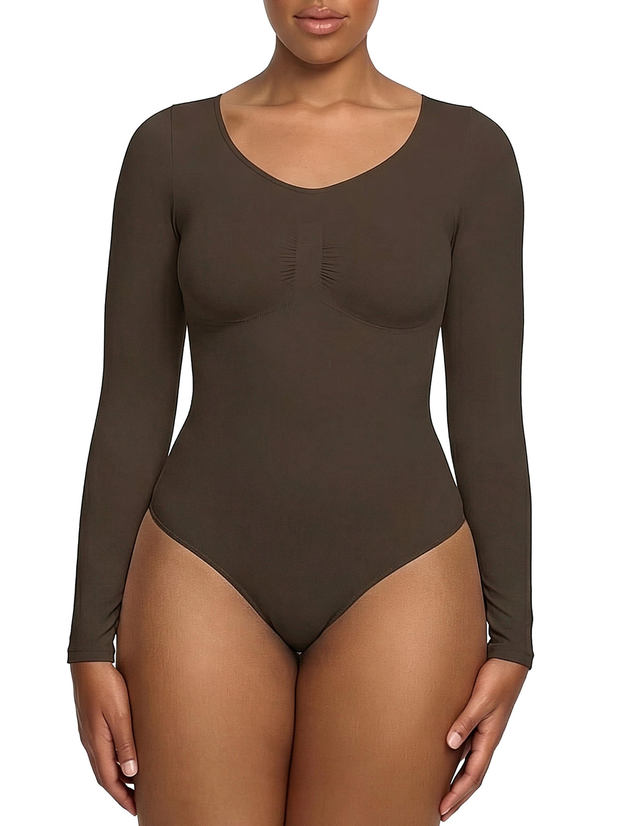 cfab (formerly creamy fabrics) - Body moldeador 'Bodysuit Sculpting Shapewear Longsleeve mit String' en marrón: frente