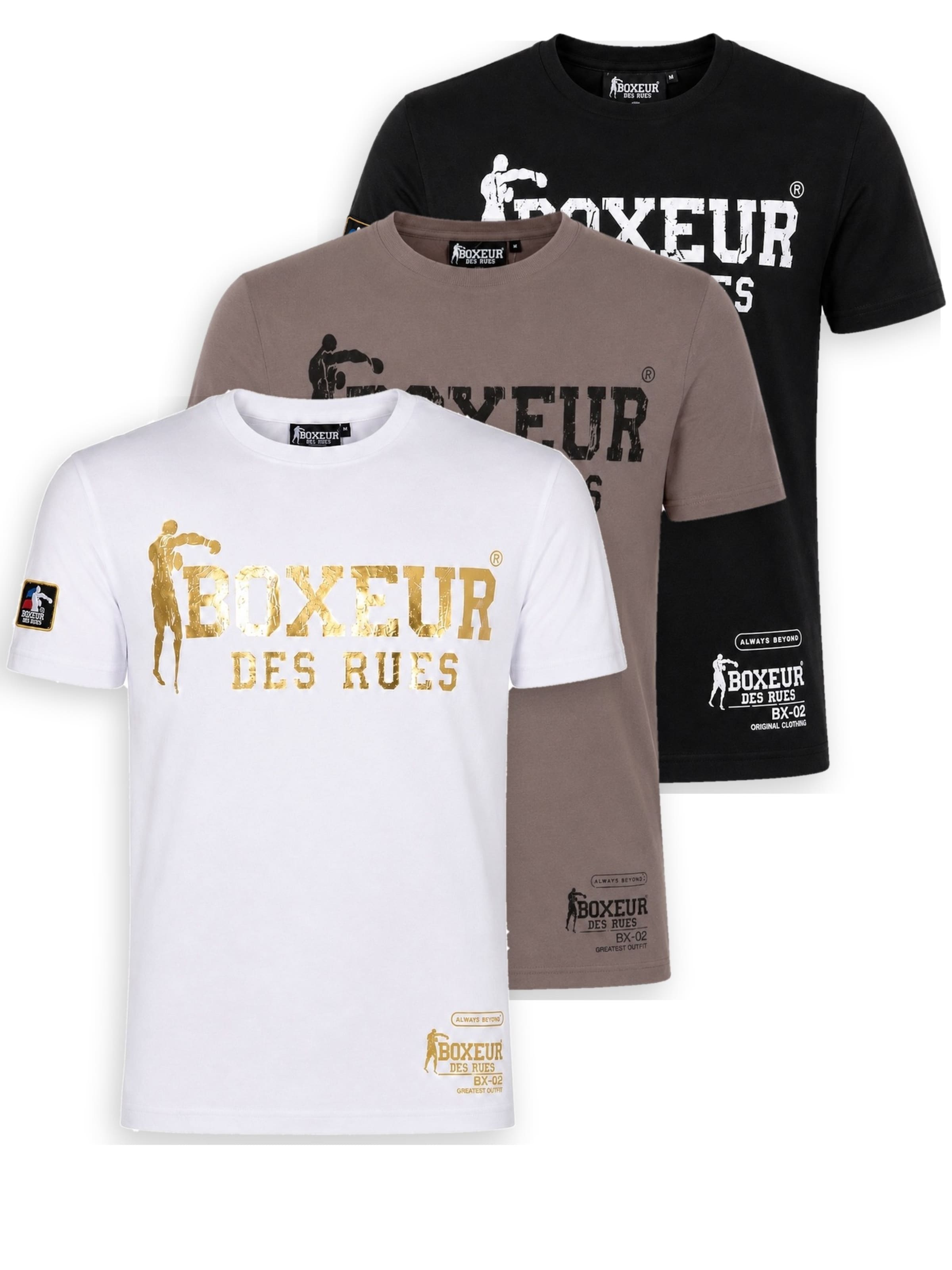 T-Shirt 'Herren T-Shirt 3er-Pack Boxeur des Rues Slim Fit: Weiß, Goldenes Logo + Taupe-Grau + Schwarz, Weißes Logo' Boxeur des Rues en multicouleur : devant