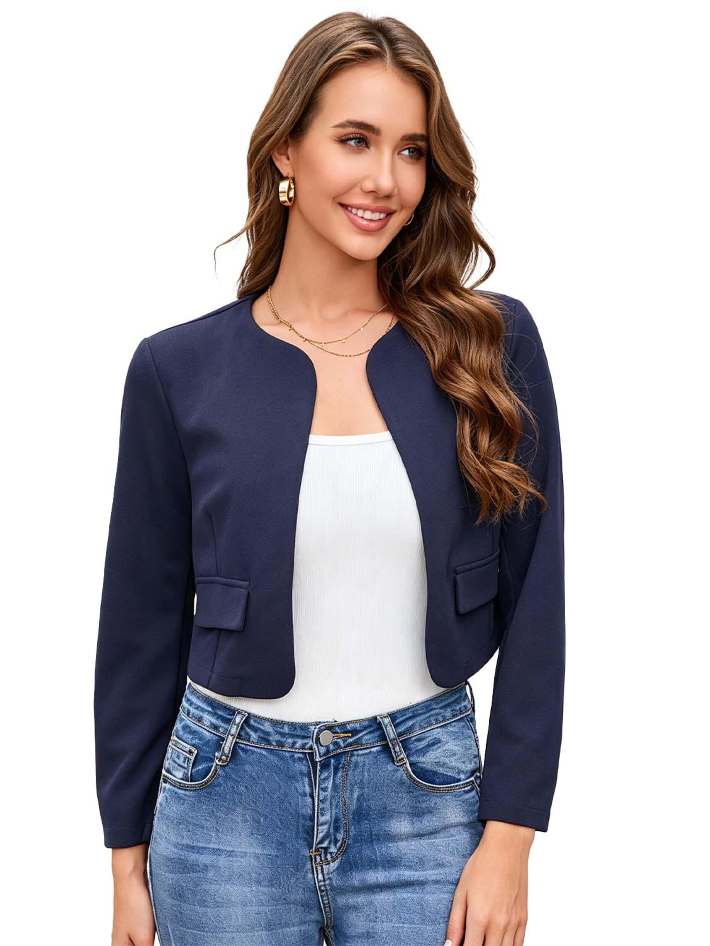 KoJooin Blazer 'Damen Kurzjacke ohne Kragen mit langen Ärmeln und abgerundetem Saum Lässiger, vielseitiger Cardigan'‌‌‌‌ in Blau