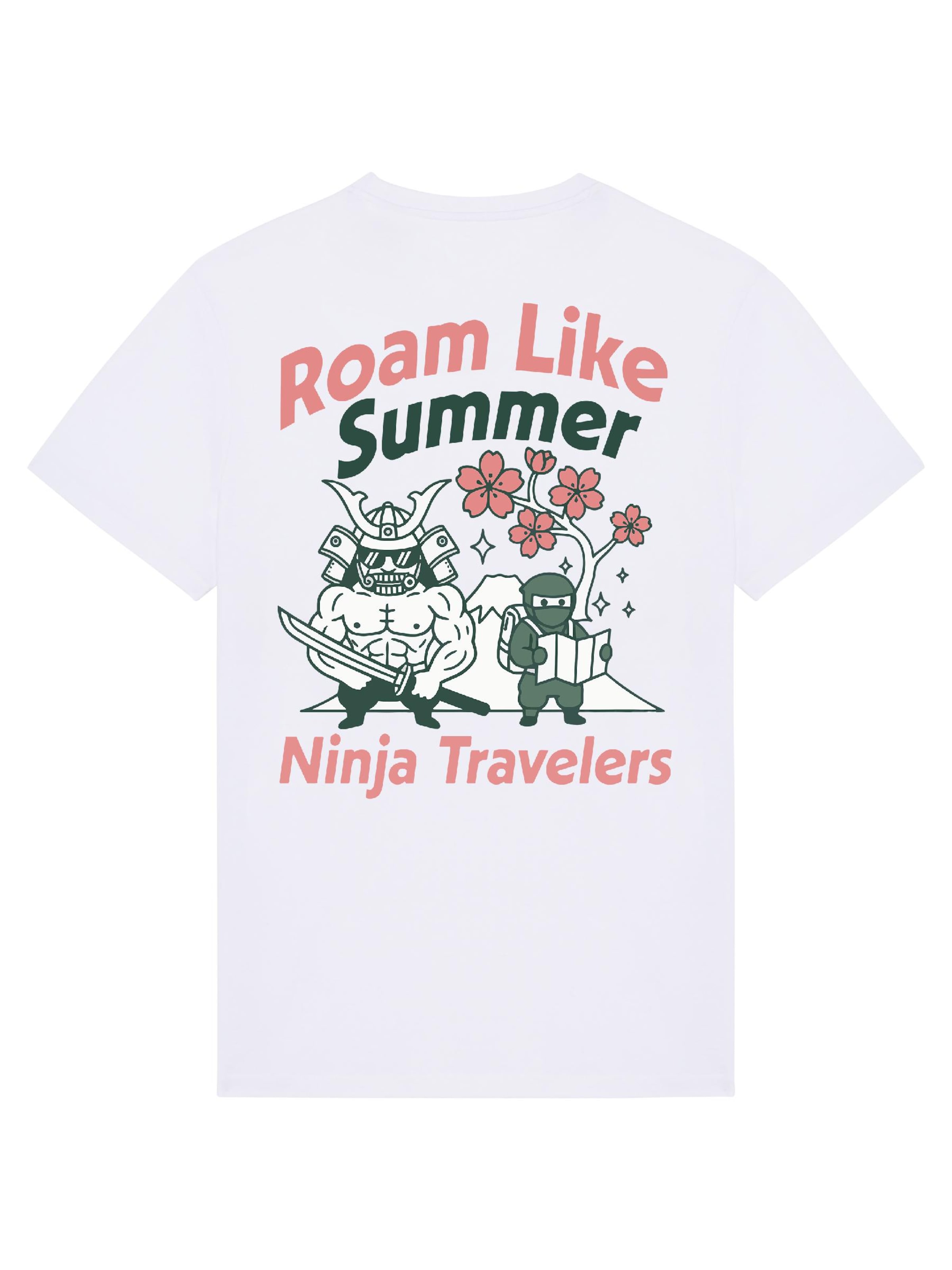 RoamLikeSummer Shirt 'Ninja Travelers'‌‌ in Weiß: Vorderseite