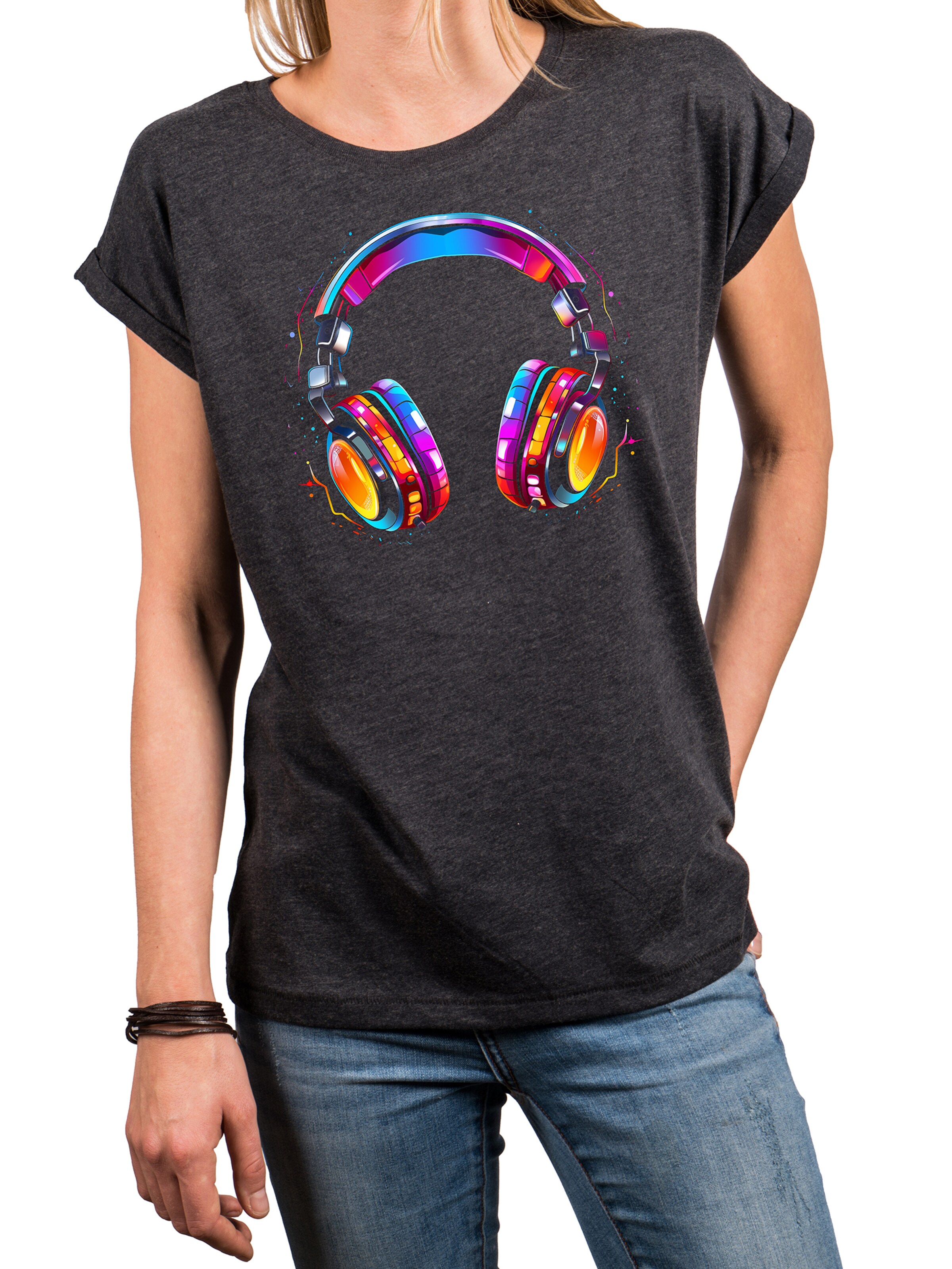 MAKAYA Shirt 'Kopfhörer Bunt' in Grey