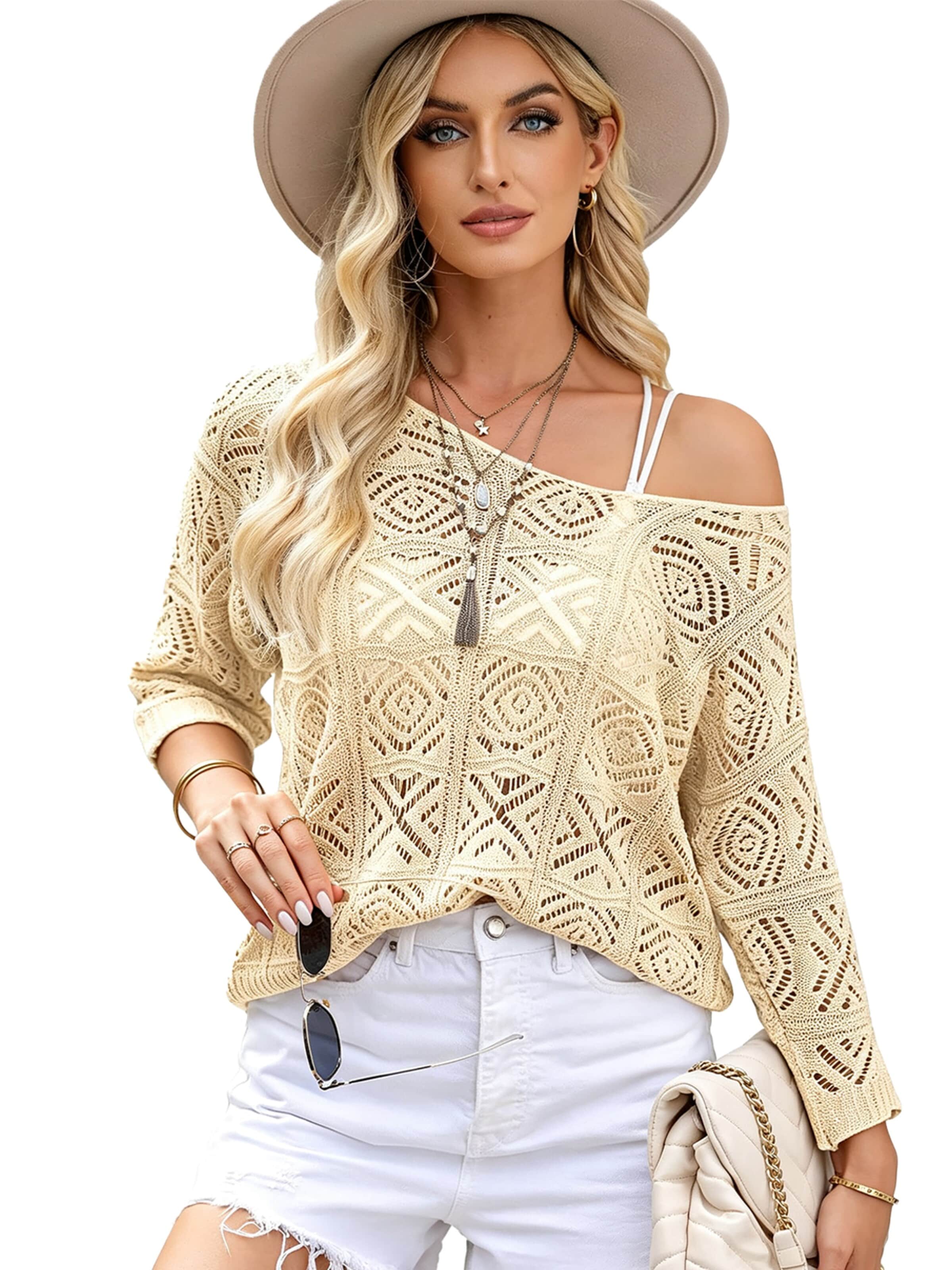 KoJooin Pullover 'Damen Häkelpullover mit V-Ausschnitt – Off-Shoulder Design, 3/4-Ärmel und Feinem Lochmuster'‌‌‌‌‌ in Orange: Vorderseite