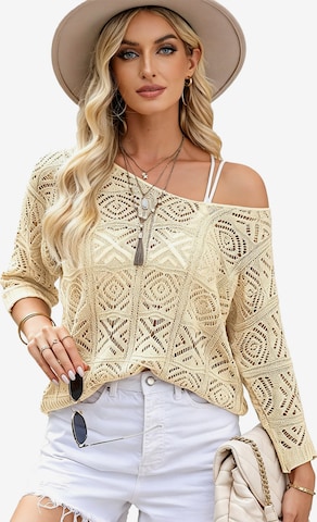 KoJooin Sweter 'Damen Häkelpullover mit V-Ausschnitt – Off-Shoulder Design, 3/4-Ärmel und Feinem Lochmuster' w kolorze pomarańczowy: przód