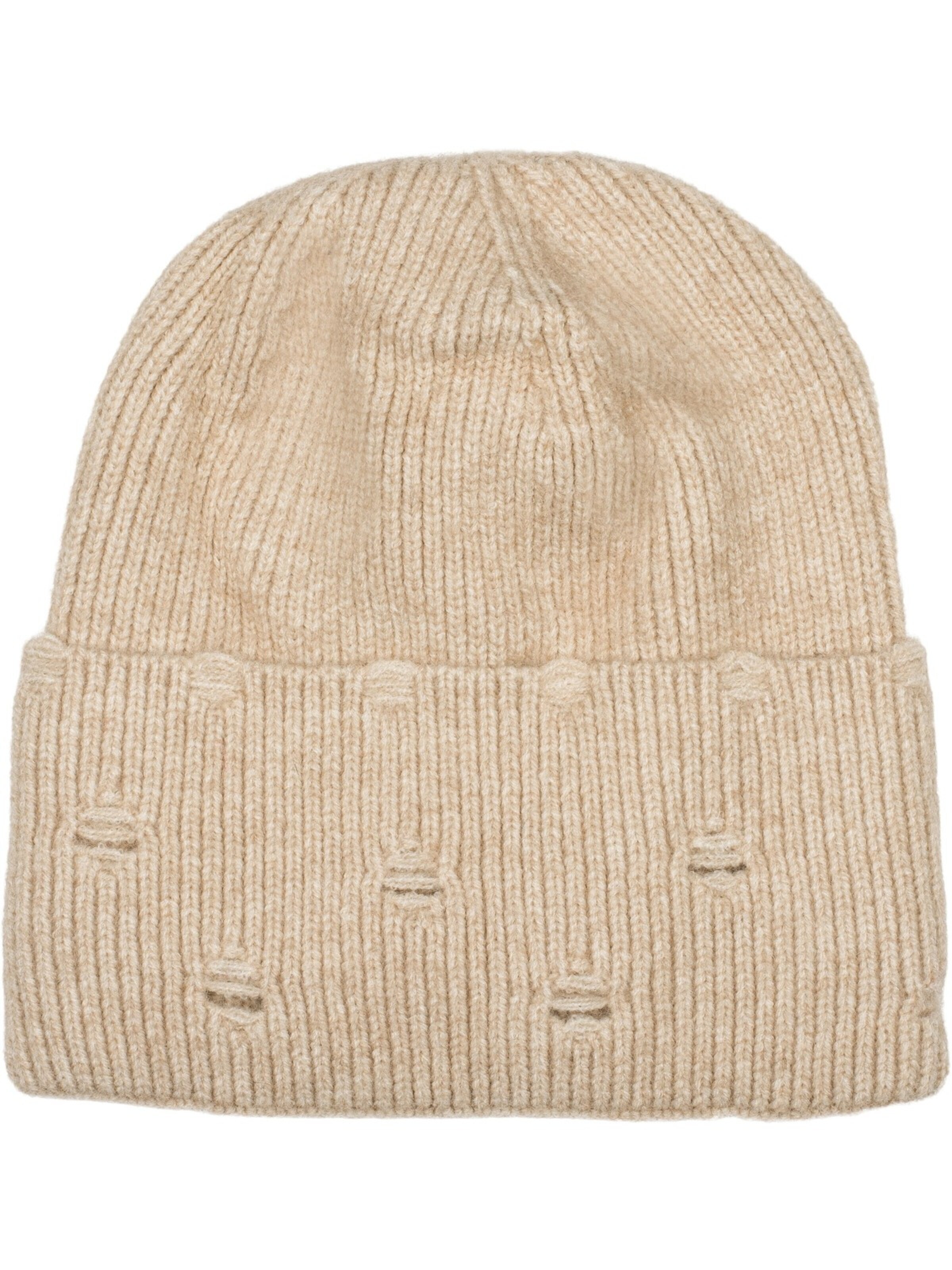 styleBREAKER Beanie 'Strickmütze mit Rippenmuster und Rissen' in Beige: front