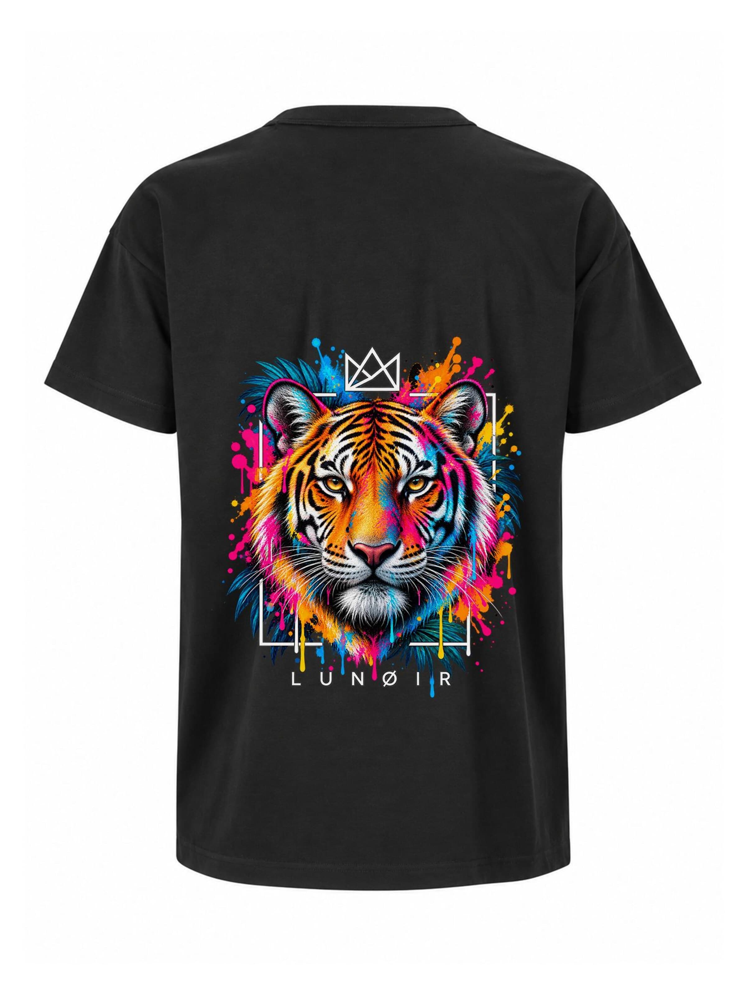 LUNØIR Studio Póló 'Tropical Riot – Wild Crown Tiger' - fekete: elől