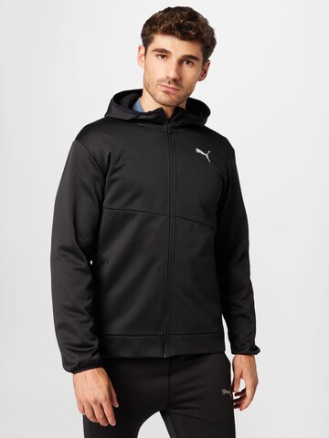 PUMA Athletic Zip-Up Hoodie 'TRAIN ALL DAY' in Black: front