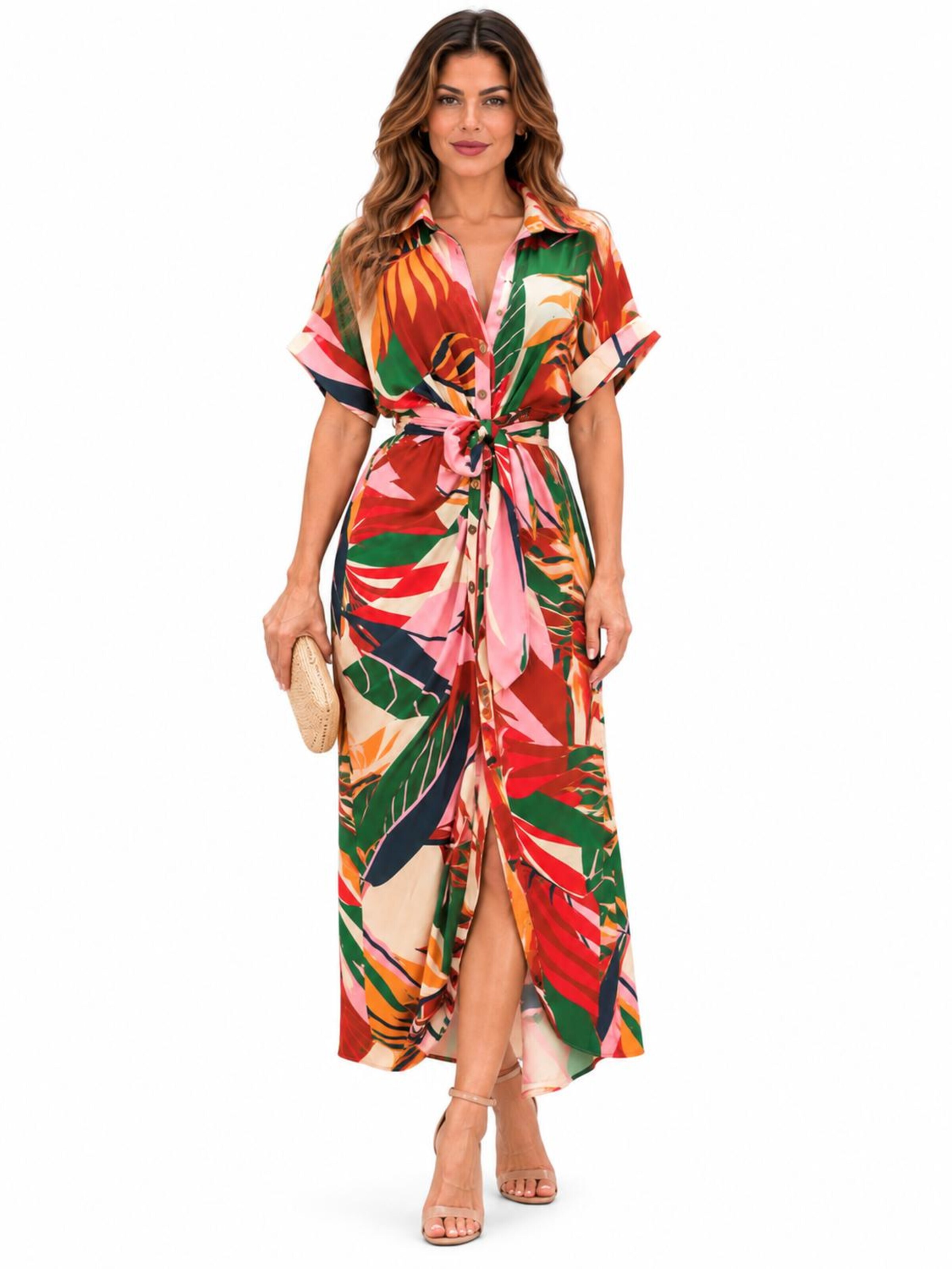 SPORTS36.NL Jurk 'Women's Short-Sleeve Shirt Dress with Waist Tie' in Gemengde kleuren: voorkant