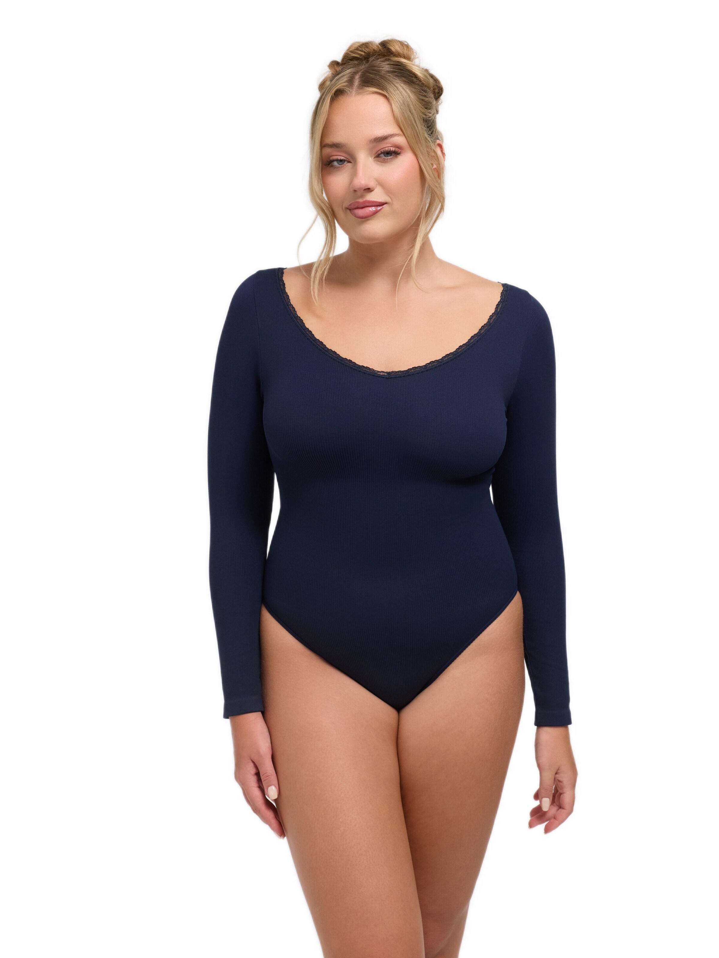 cfab Body 'Ribbed Longsleeve V-Neck Sculpting Lace Bodysuit with Slip' värissä sininen