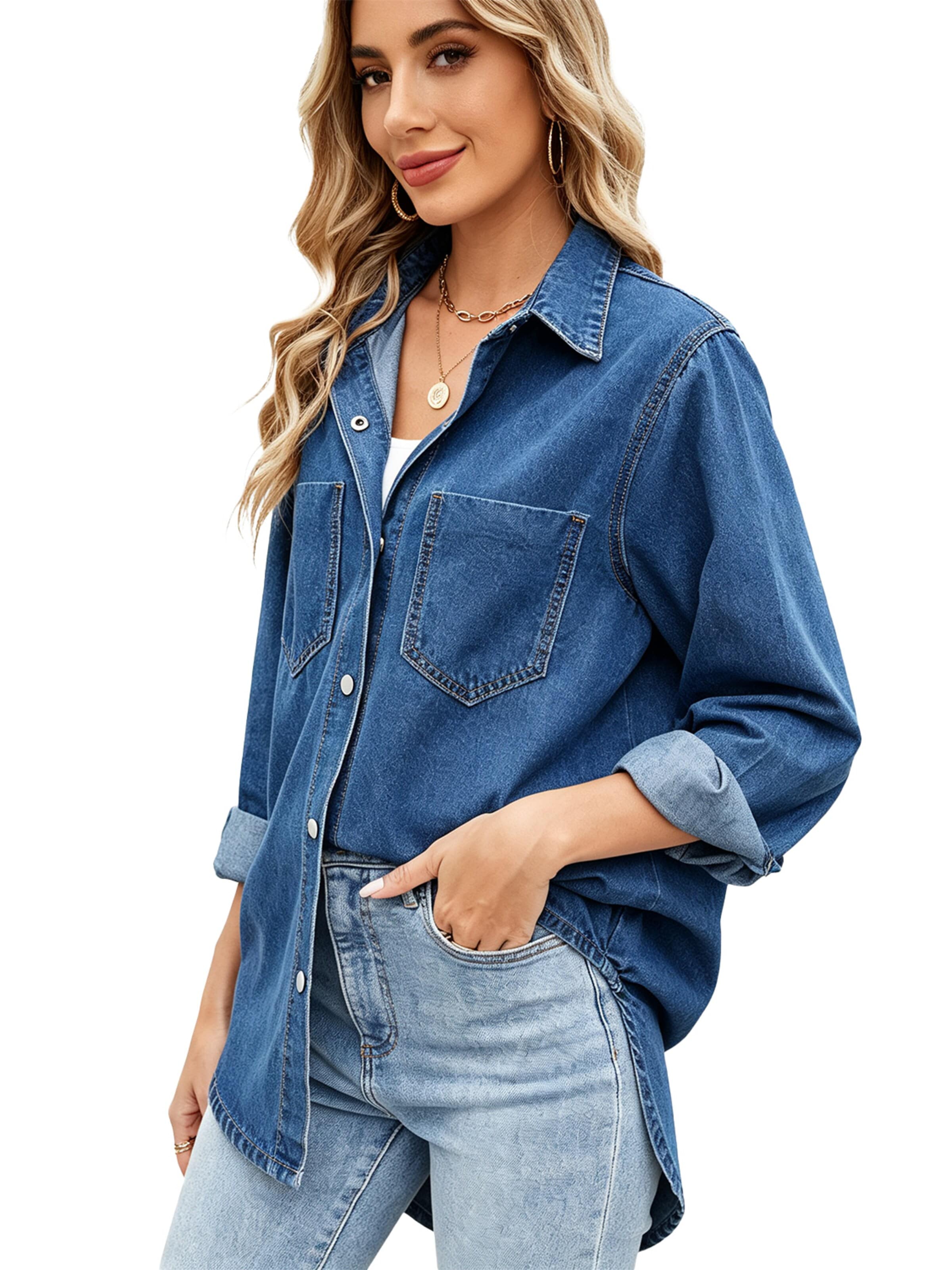 KoJooin Bluzka 'Damen Oversize Jeanshemd mit Knopfleiste – Langarm, Used-Look Denimjacke für Herbst-Outfits 2026' w kolorze niebieski