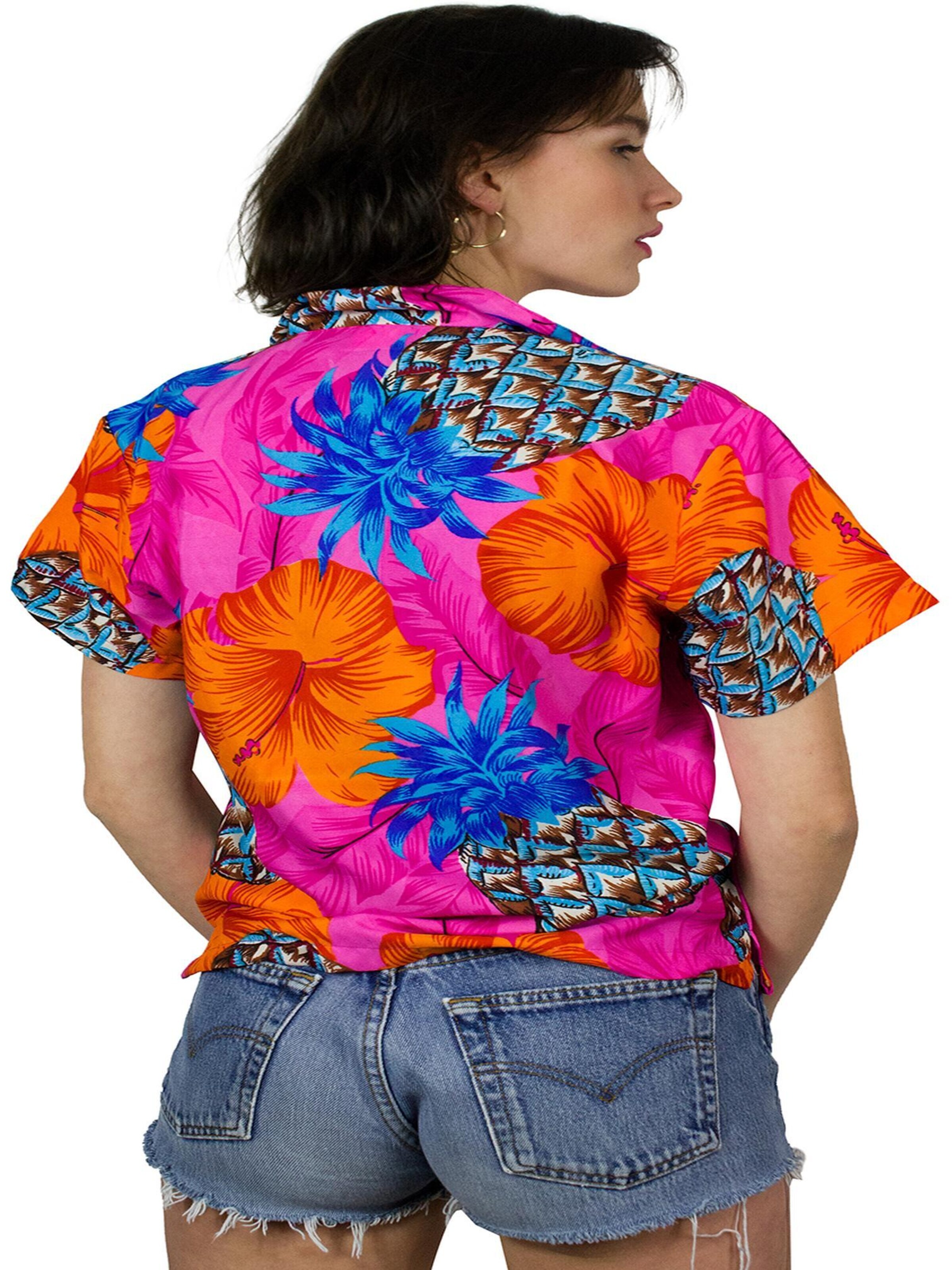 King Kameha Blouse 'Pineapple Hibiscus Shadow Line' in Pink