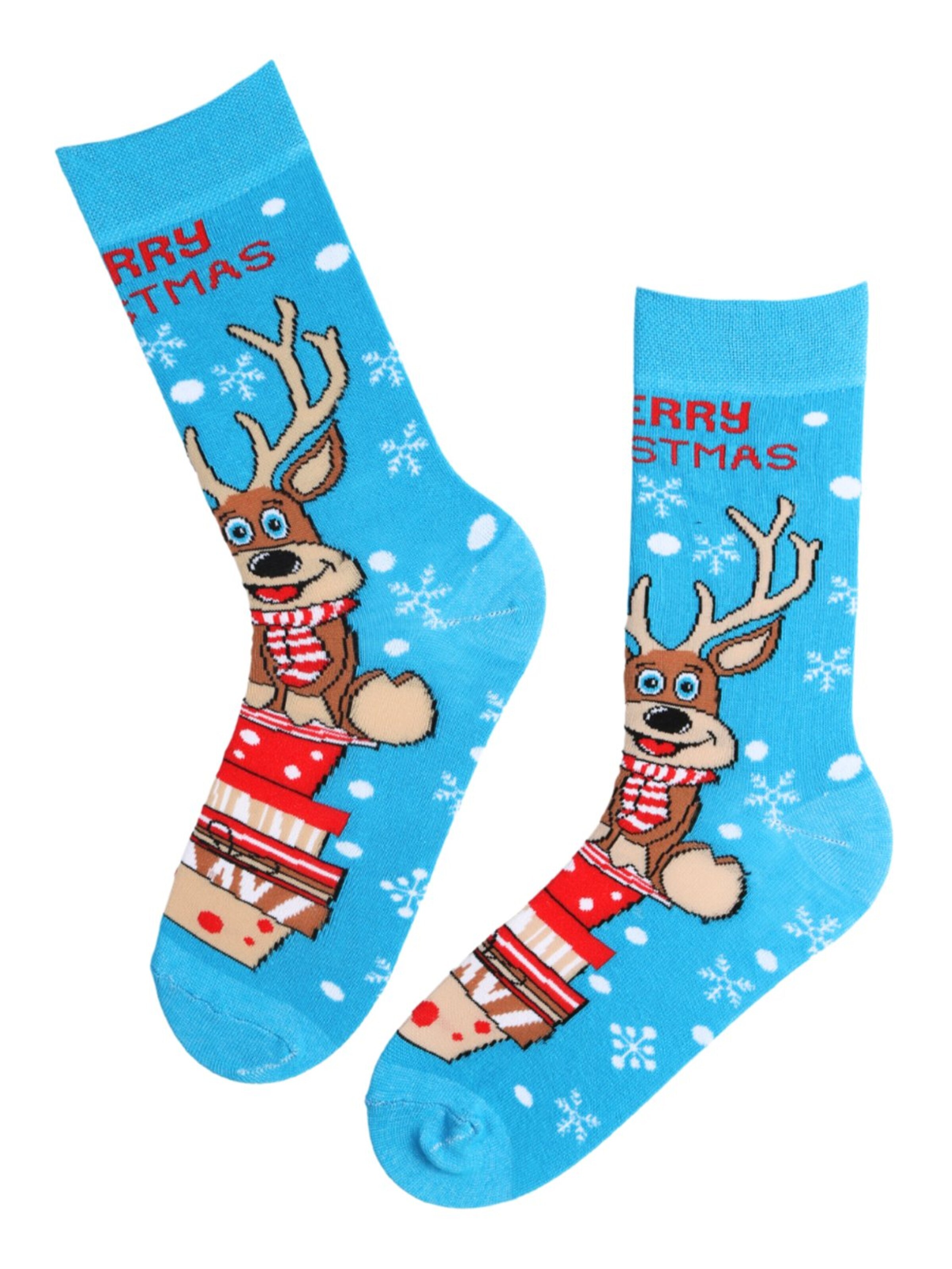 Calzino 'CHRISTMAS cotton socks with reindeer' di Sokisahtel in blu: frontale