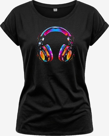 MAKAYA Shirt 'Kopfhörer Bunt' in Black: front
