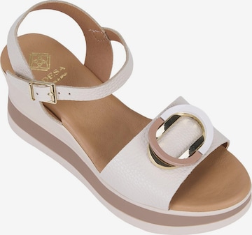 Desa T-bar sandals 'DESA Damen-Keilsandalen aus Leder mit Metallring' in Beige: front