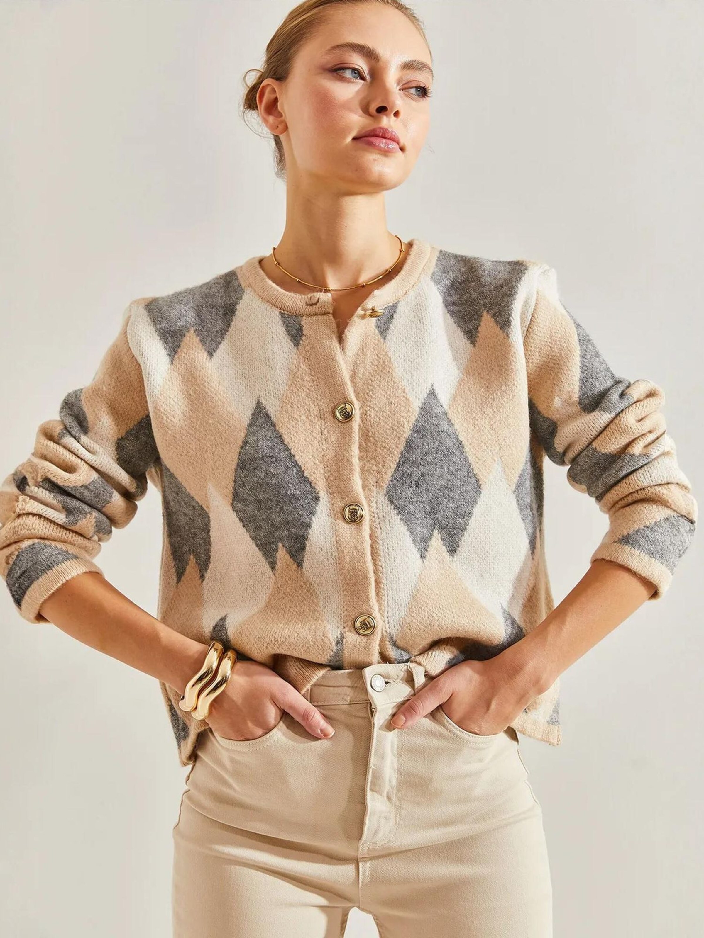 Bianco Lucci Knit Cardigan in Beige