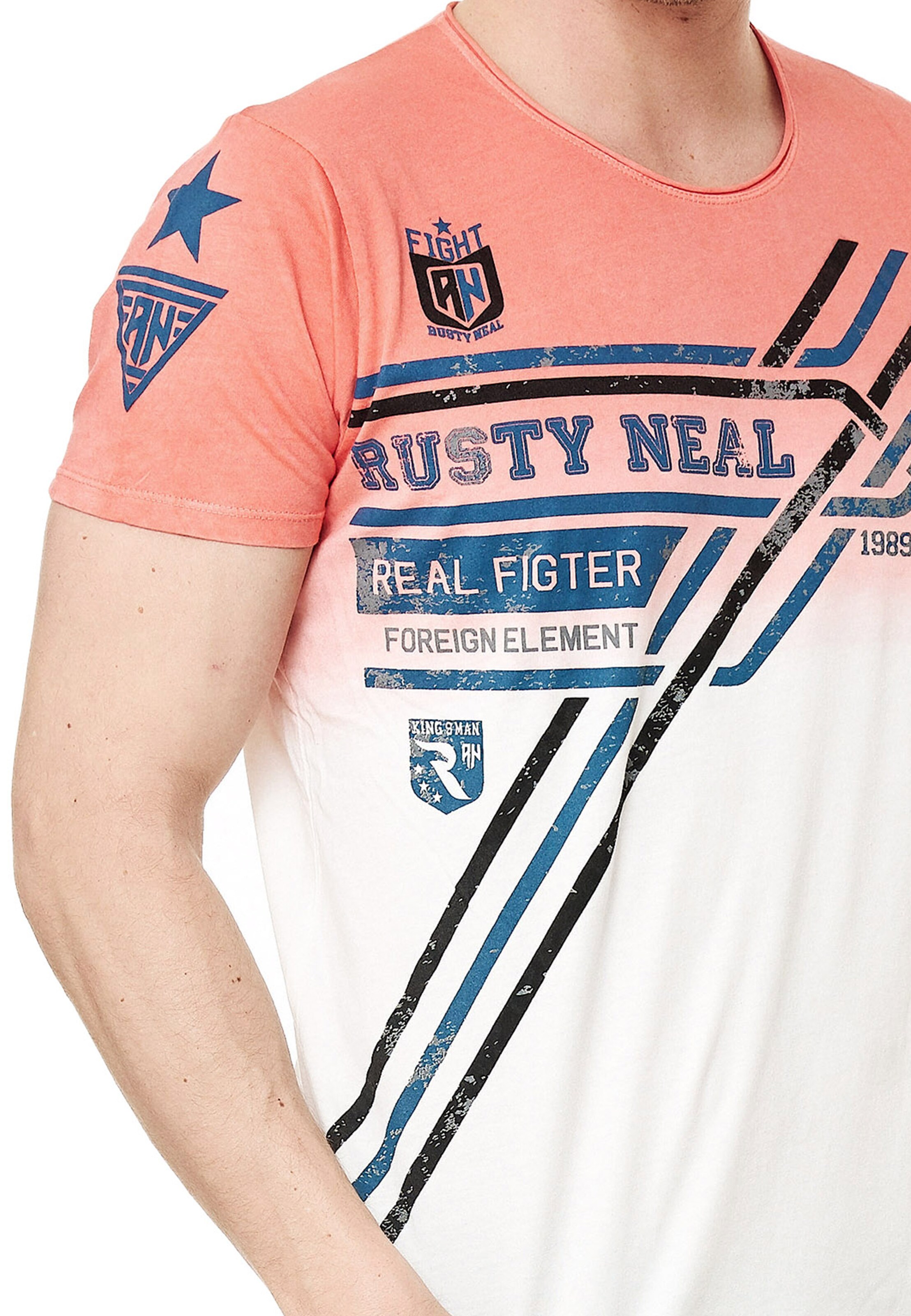 Männer Große Größen Rusty Neal T-Shirt aus weicher Baumwolle in Koralle, Weiß - EQ82799