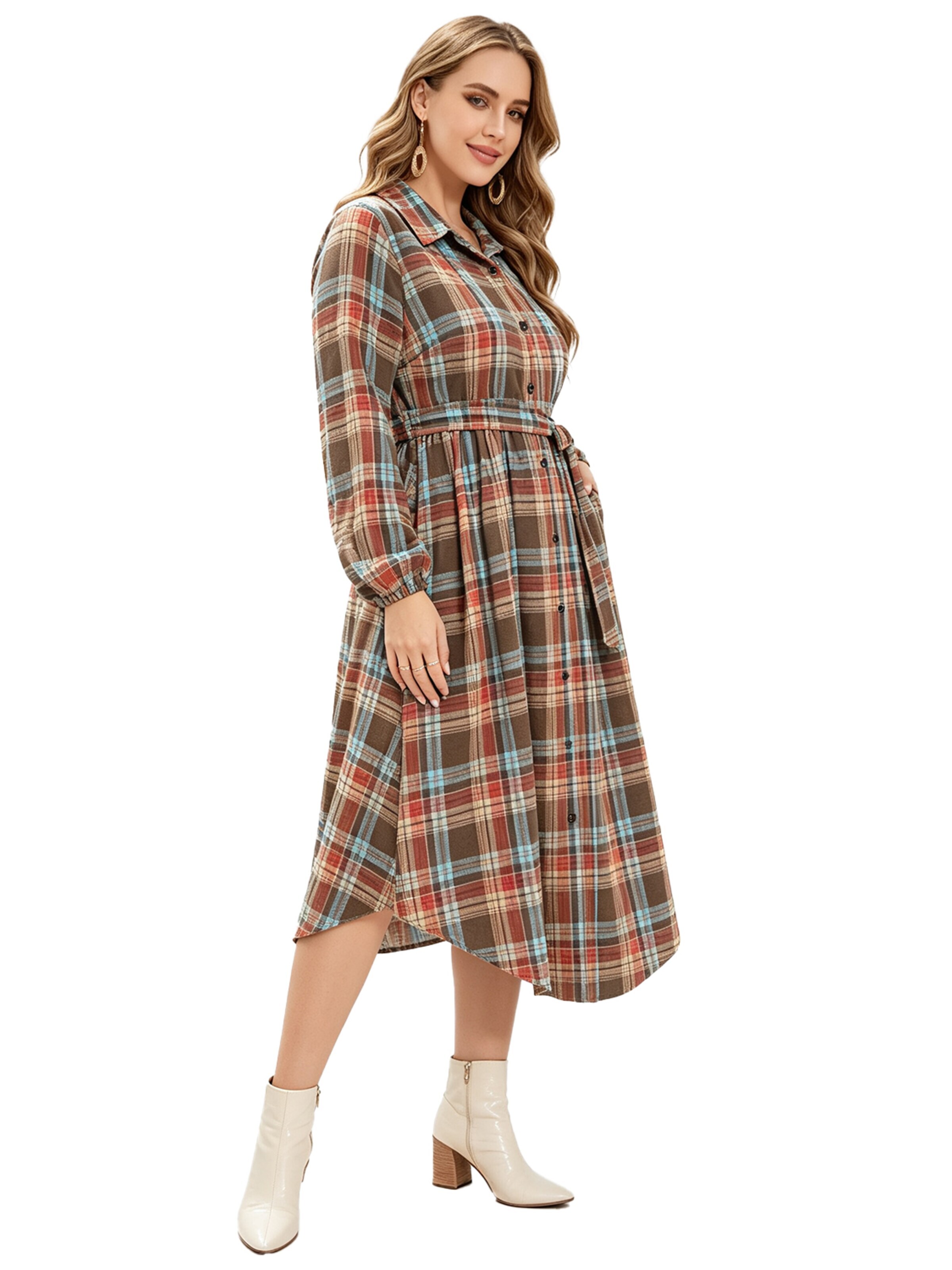 KoJooin Sukienka koszulowa 'Damen Plus Size Kariertes Kleid mit Bindeband, Knopfleiste, Taschen und geschwungenem Saum' w kolorze zielony