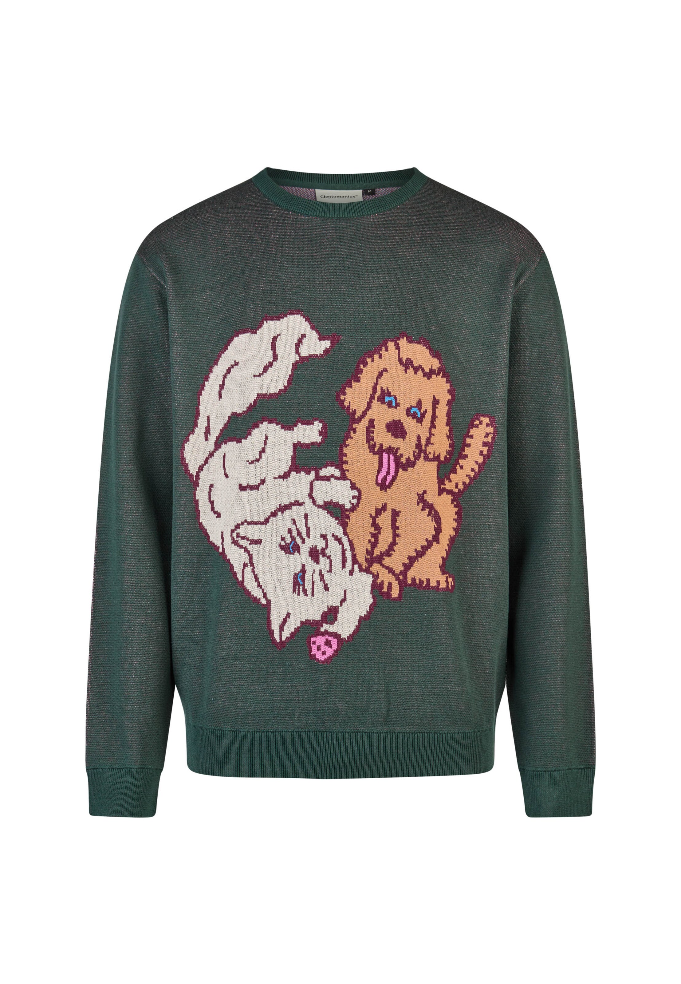 Cleptomanicx Sweater 'Cat & Dog' in Green: front