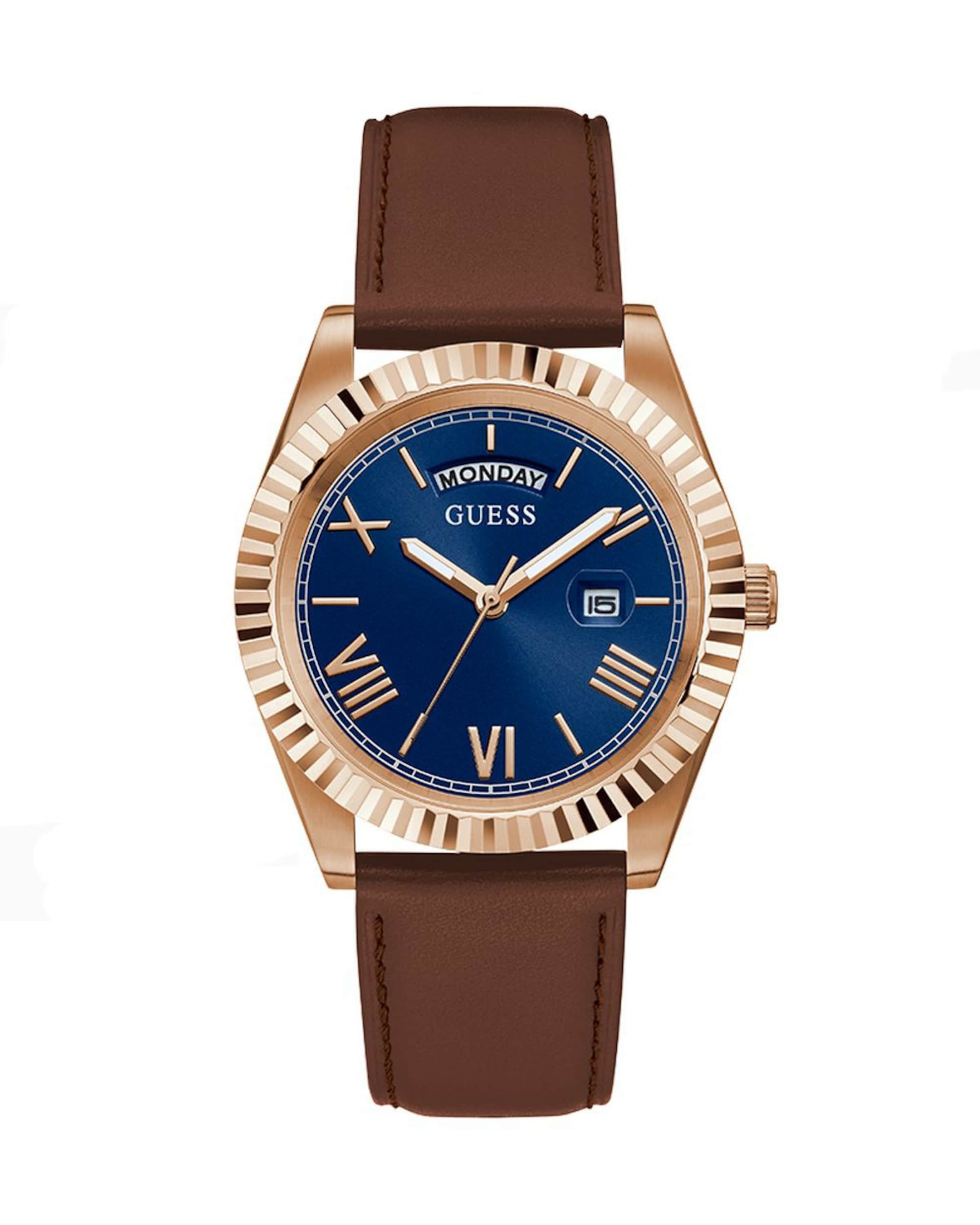 GUESS Analoog horloge in de kleur Donkerblauw / Bruin / Goud, Productweergave