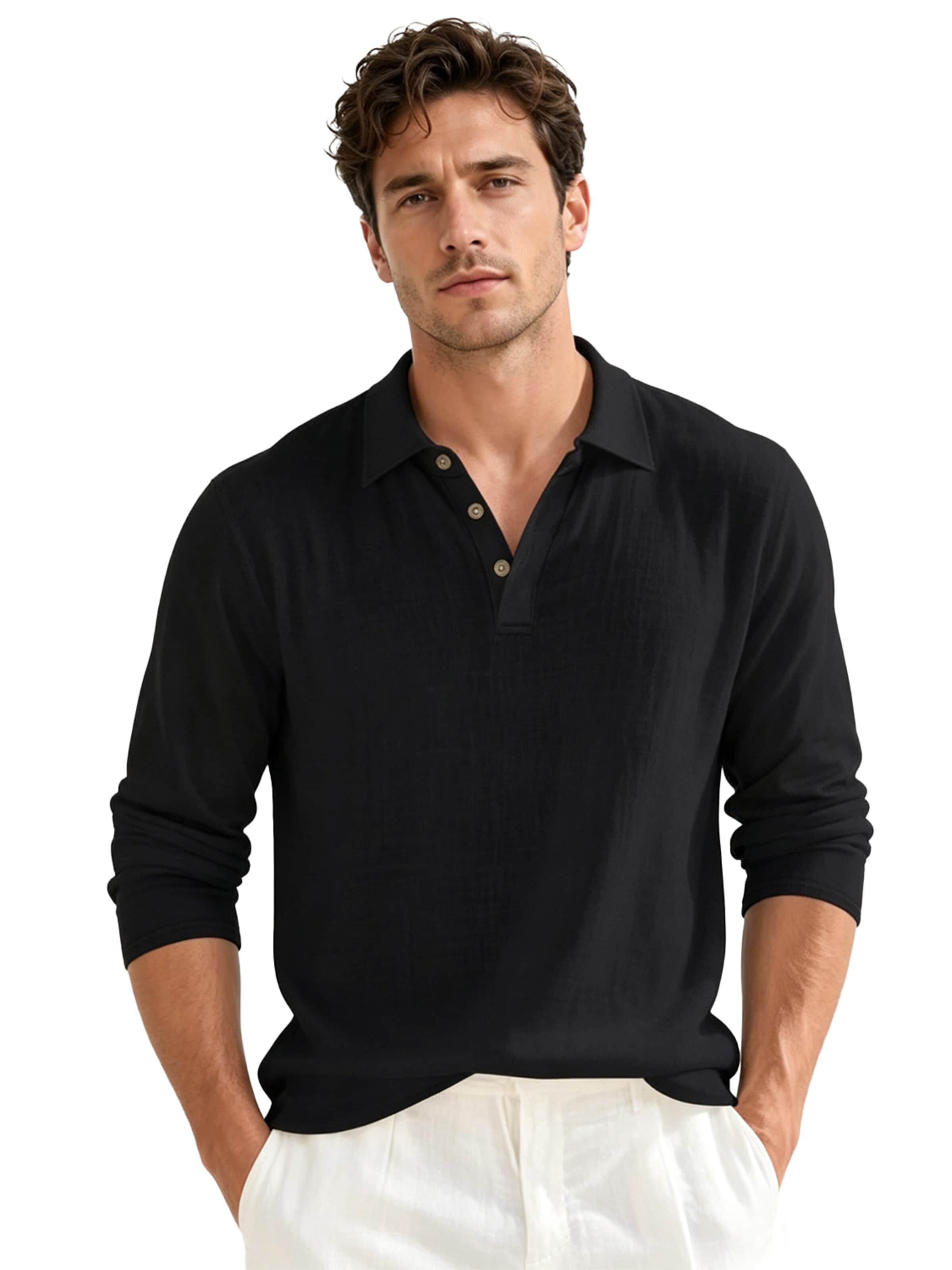 KoJooin Shirt 'Herren Langarm Polo-Shirt – Lockerer Schnitt, Komfortabler Casual-Look' in Black: front