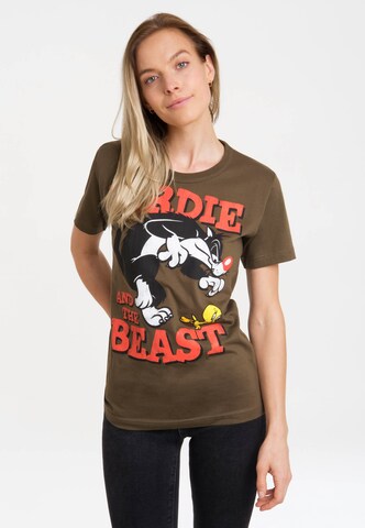 LOGOSHIRT Shirt 'Looney Tunes – Sylvester & Tweety' in Groen: voorkant