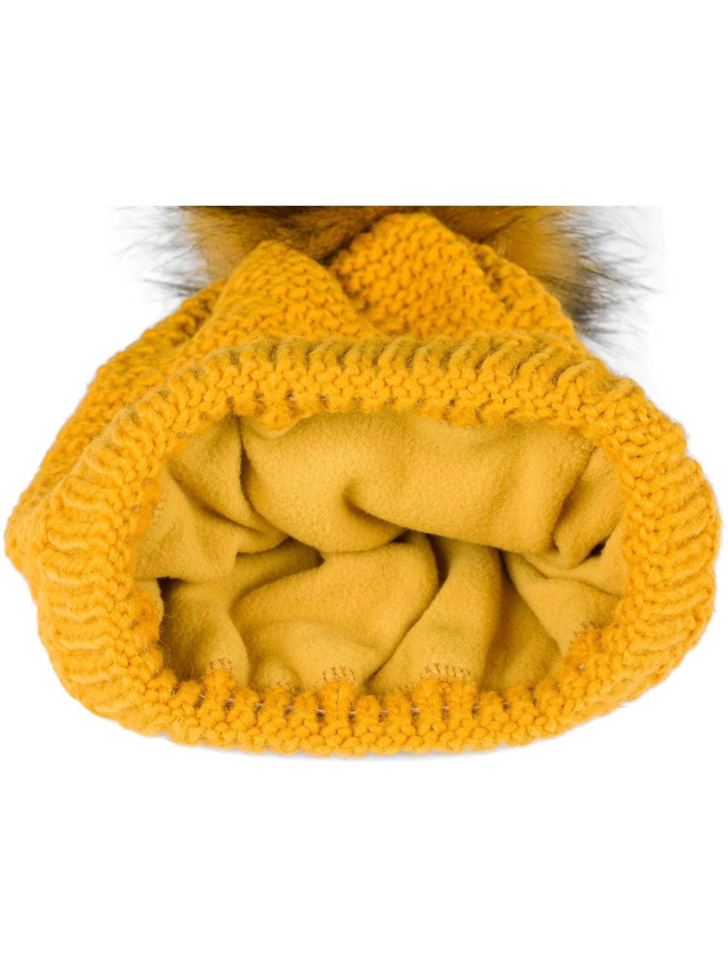 styleBREAKER Mütze 'Einfarbige Strick Bommelmütze mit Thermo-Fleece'‌‌‌‌‌‌‌‌‌‌ in Gelb
