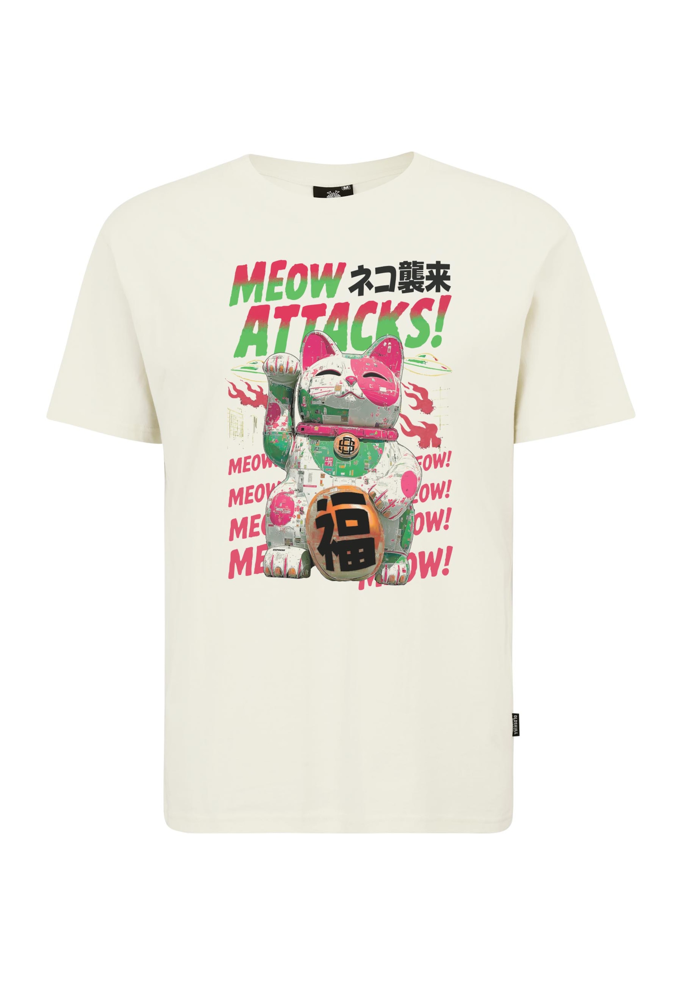 Oldskull Shirt 'Asian Lucky Cat Attack Graphic' in Wit: voorkant