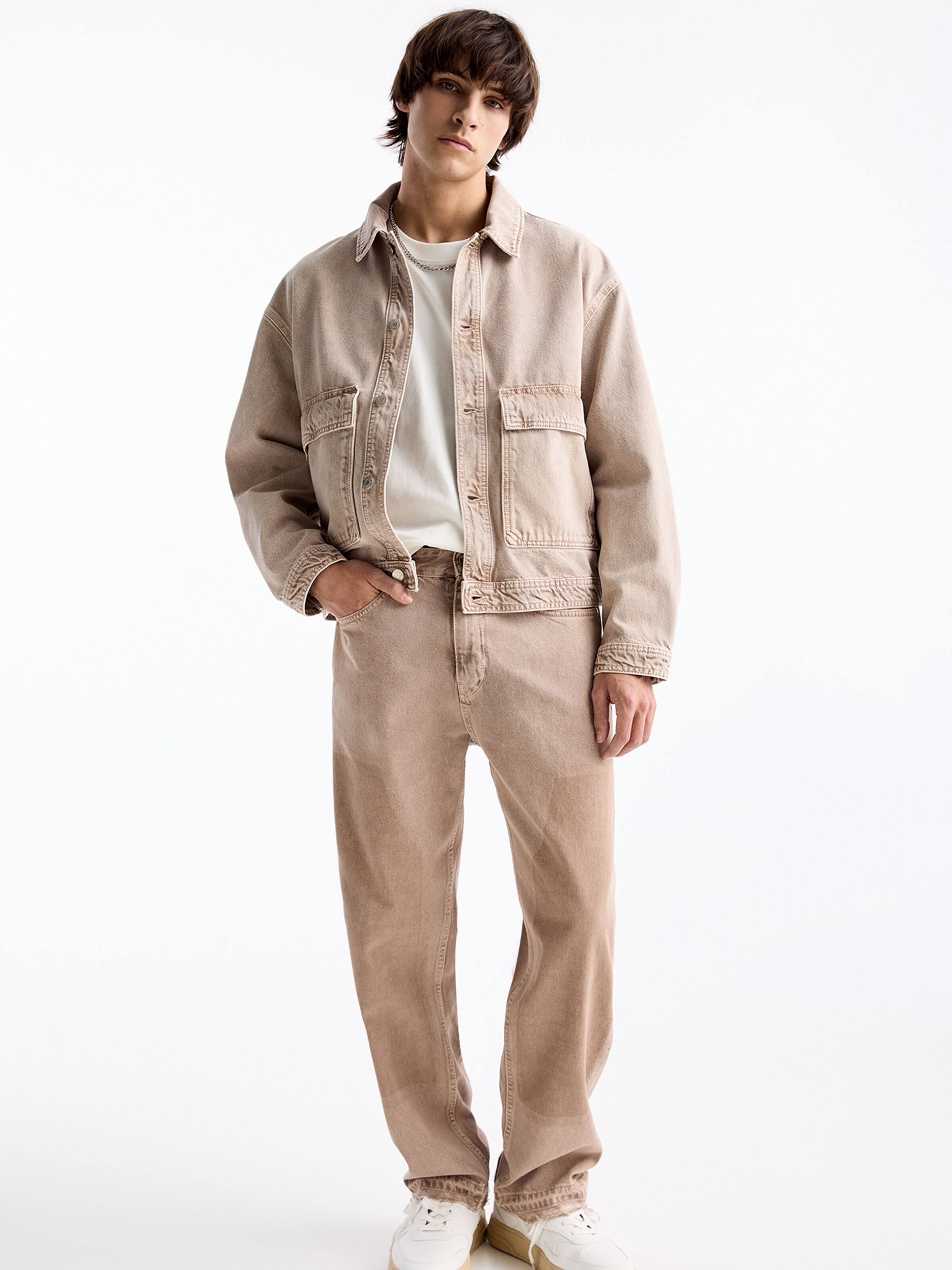 Pull&bear denim jacket in khaki online