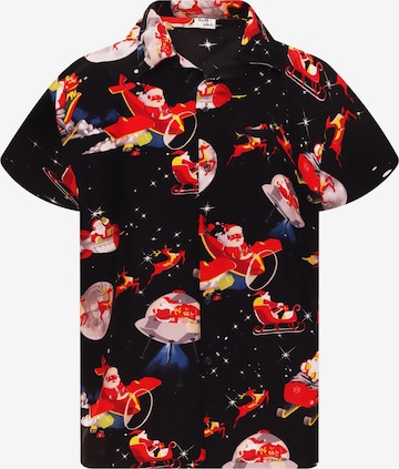 King Kameha Button Up Shirt 'Christmas Space Santa' in Black: front