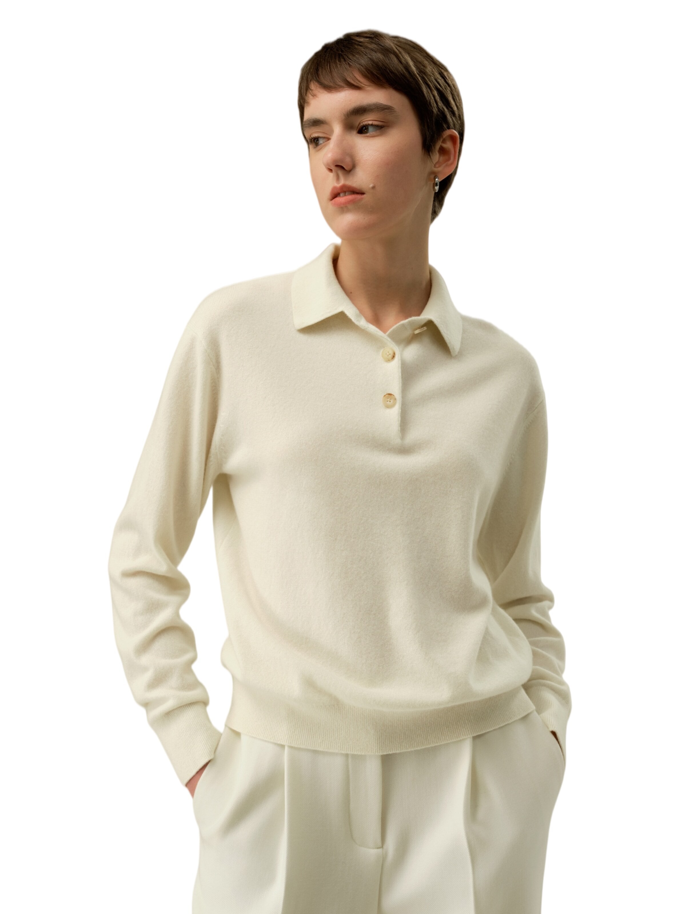 Lilysilk - Jersey 'Baby-Kaschmir Poloshirt' en blanco