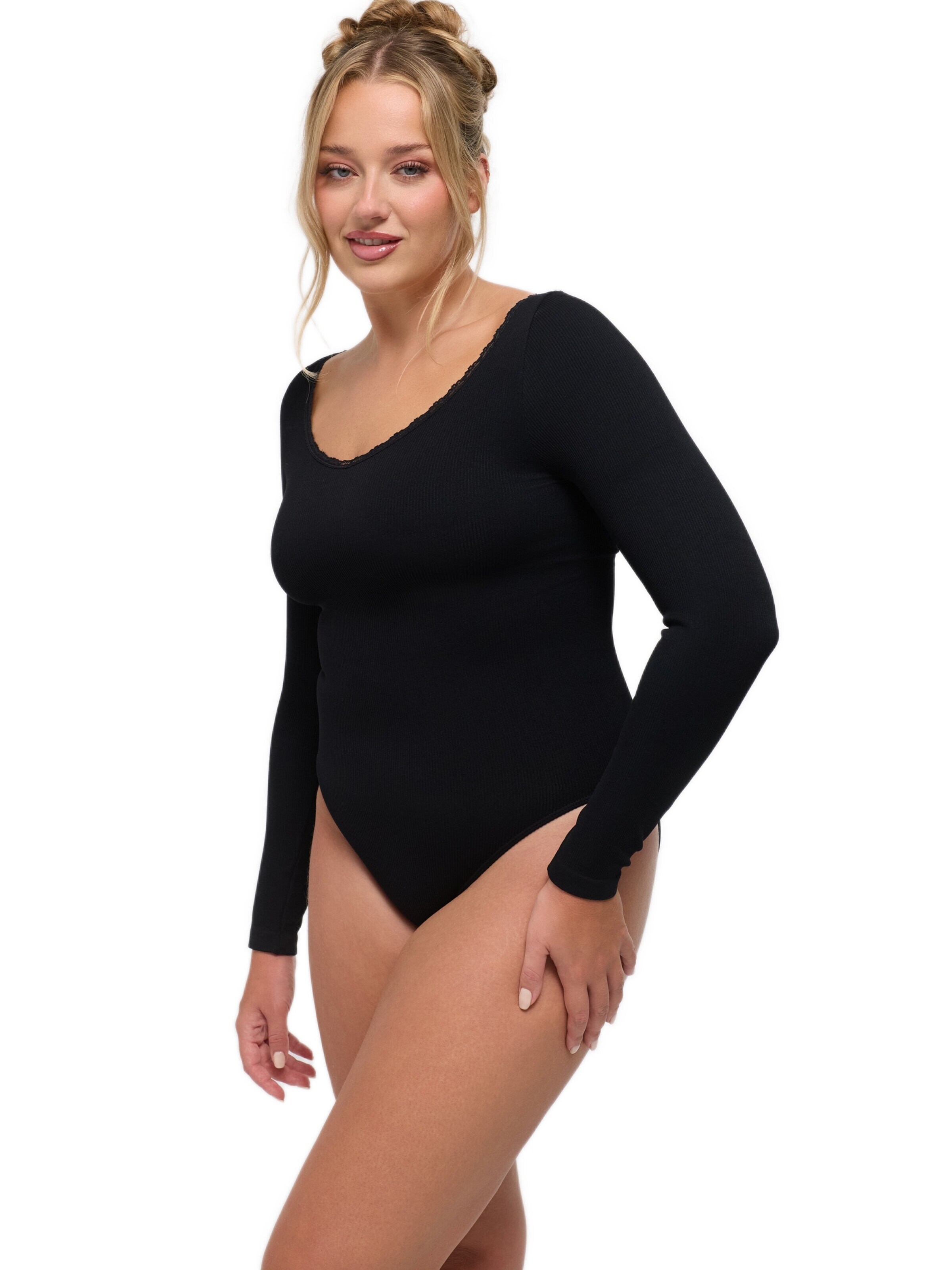 cfab Body 'Ribbed Longsleeve V-Neck Sculpting Lace Bodysuit with Slip' värissä musta