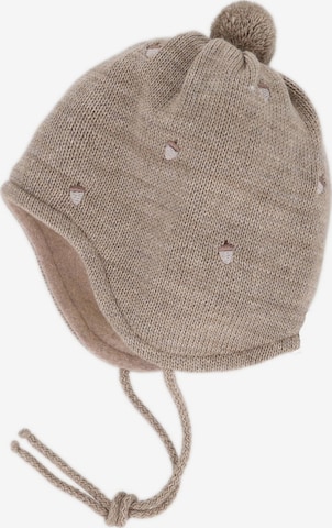 MAXIMO Mütze 'BABY BOY-Mütze, Eicheln Stickerei, Pompon, Jerseyfutter, Bindeband,' in Braun: Vorderseite