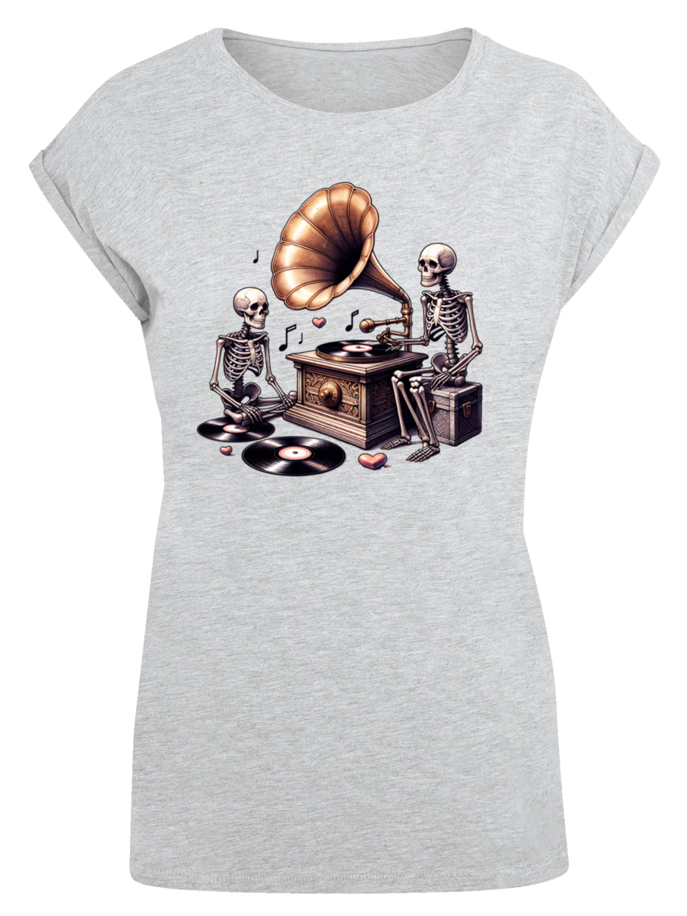 F4NT4STIC T-Shirt 'Gothic Skeleton Vintage Vinyl Plattenspieler' in Grau: Vorderseite