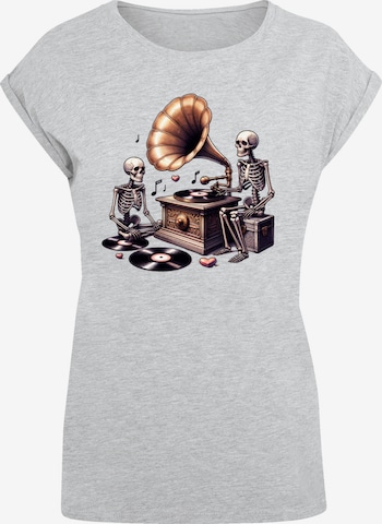 F4NT4STIC T-Shirt 'Gothic Skeleton Vintage Vinyl Plattenspieler' in Grau: Vorderseite