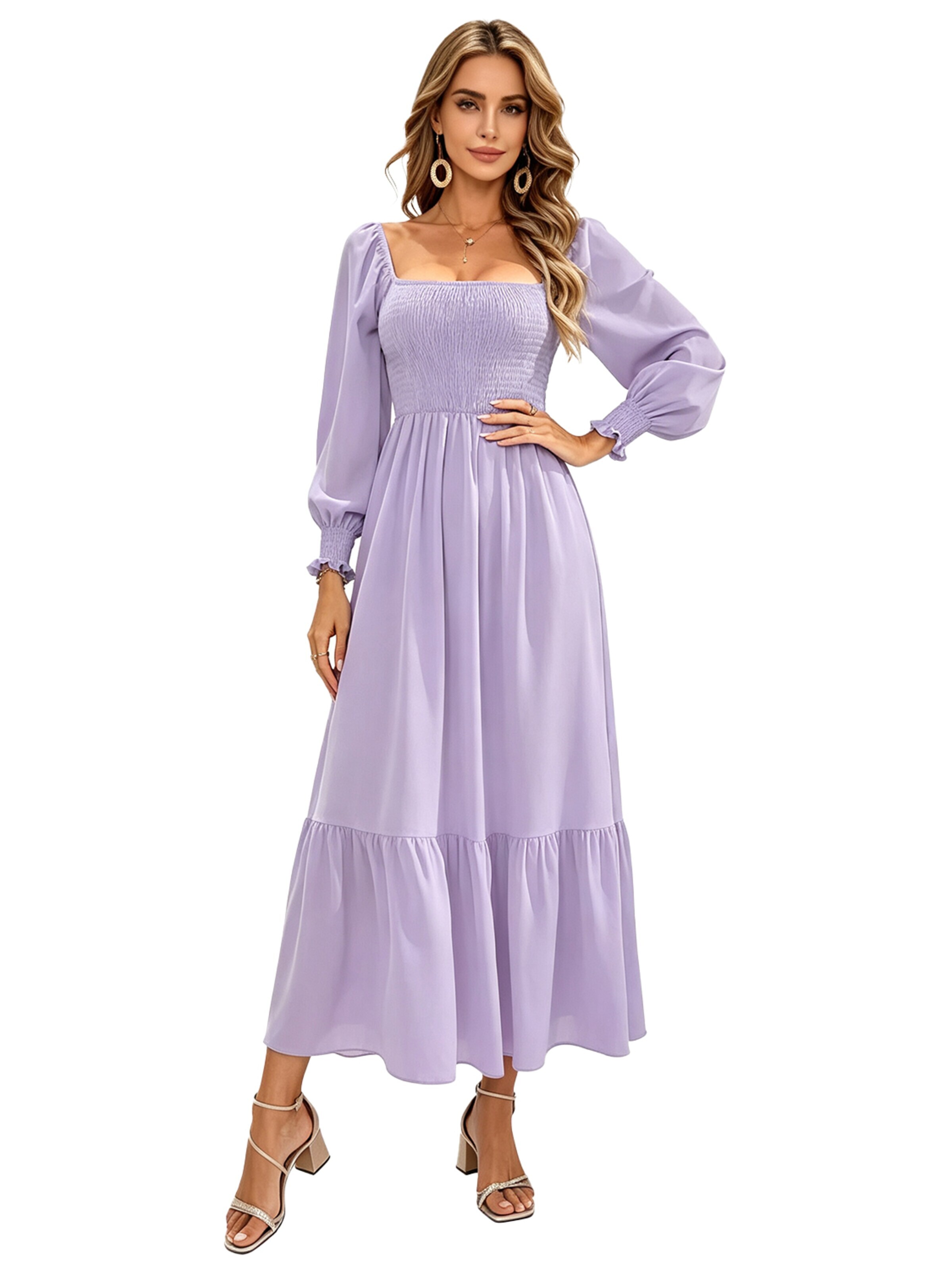 KoJooin Dress 'Damen Enganliegendes Kleid mit Quadrat-Ausschnitt – Langarm, Hohe Taille und Verspielten Rüschen' in Purple: front