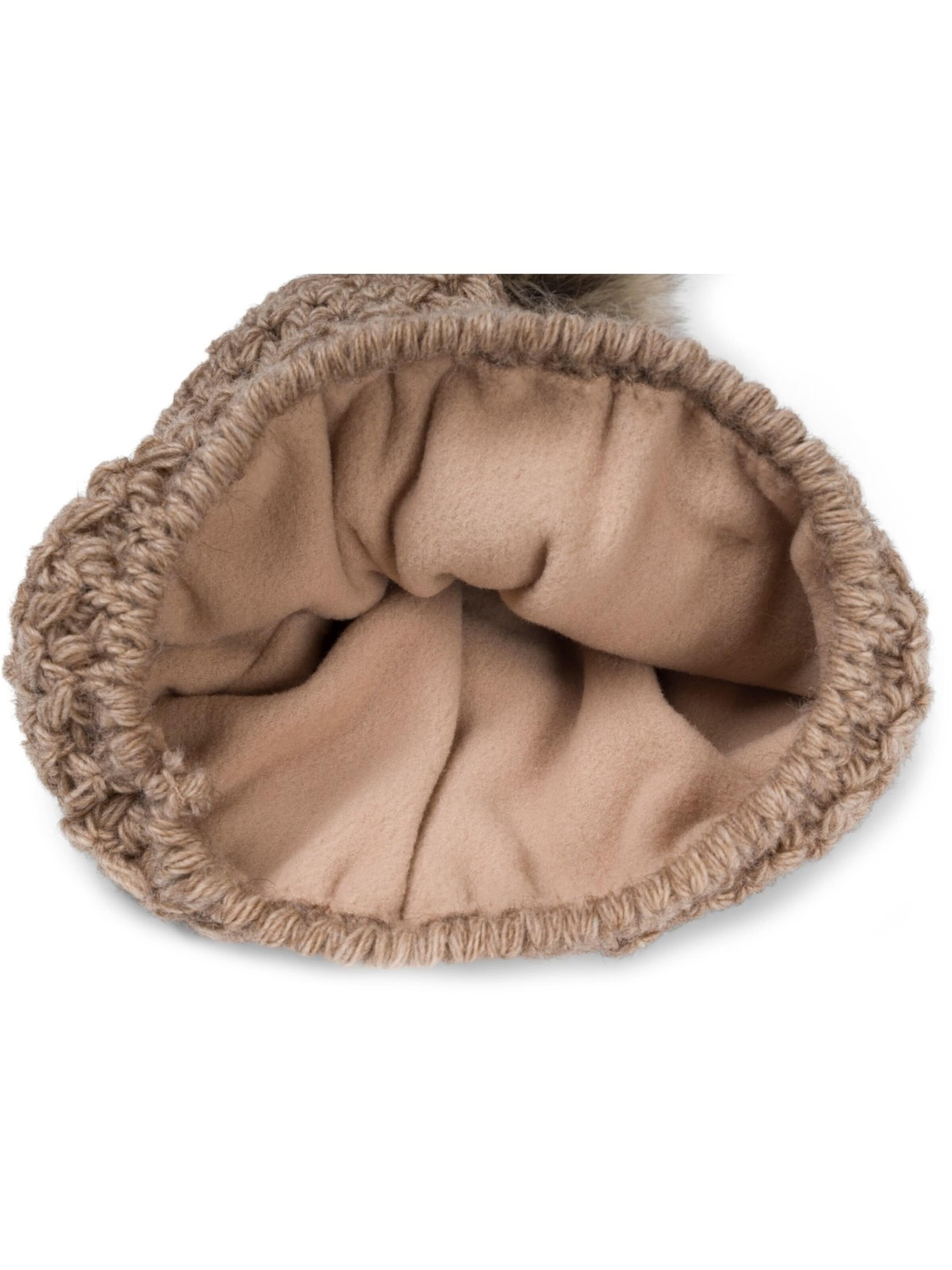styleBREAKER Beanie 'Kinder Bommelmütze V-Muster Gehäkelt' in Brown