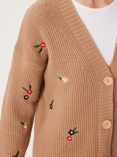 Geacă tricotată Happiness İstanbul pe maro cămilă / verde pin / roșu / alb, Vizualizare produs